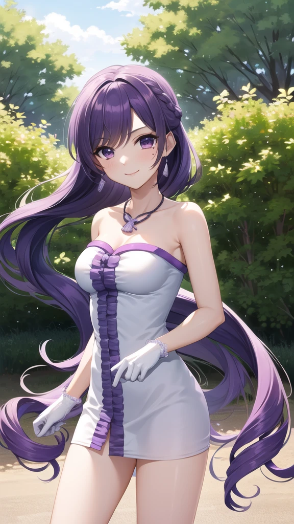 masterpiece, best quality, 1 girl, <lora:caren_v1:0.5>, hmca1, purple hair, mole under eye, dress, necklace, idol, bare shoulders, white gloves, medium breasts, (see through:0.9), blush, light smile, hands behind back, cowboy shot,