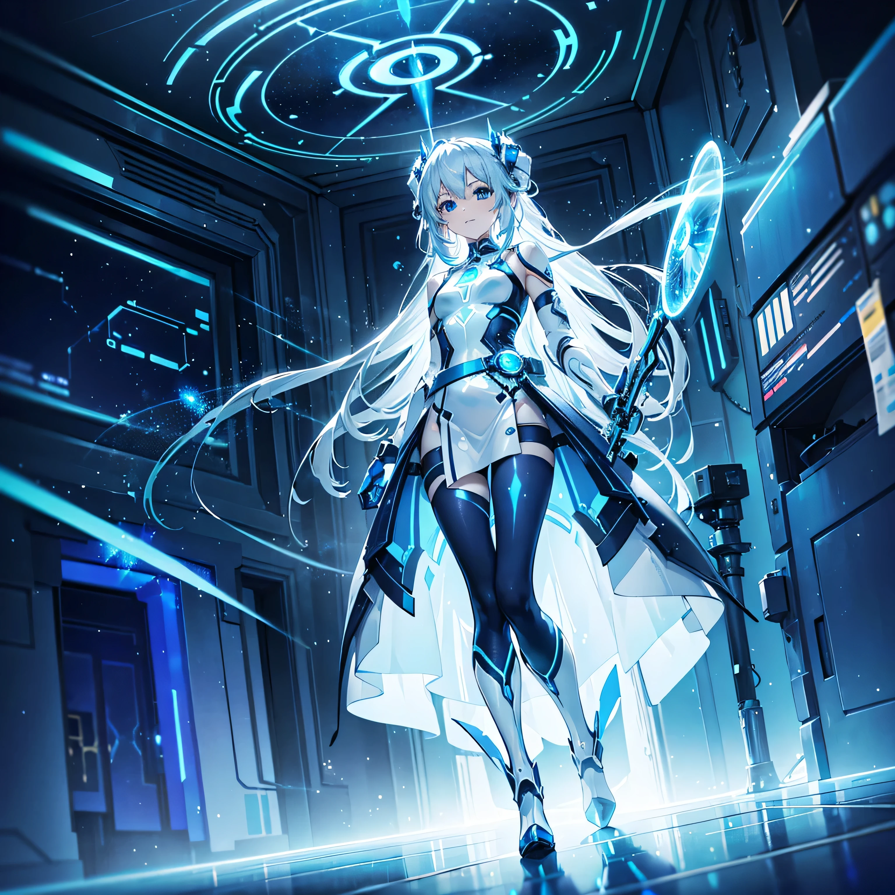 8K, Highest quality, (real:1.4), Original photo, 1 girl, Asari Hair, Biological Amplifier, Very sleek and futuristic armor, posture: Peace talks between warring factions,,attention arousal, smart blue eyes,A modest smile,Knee-high boots,Patent-look blue tights,Blue big moon and blue light swirl in the background,Blue light from behind,blue light magic,A small, glowing blue ball in the palm of your hand,Blue flame swirl,Blue Comet,Polished floor,