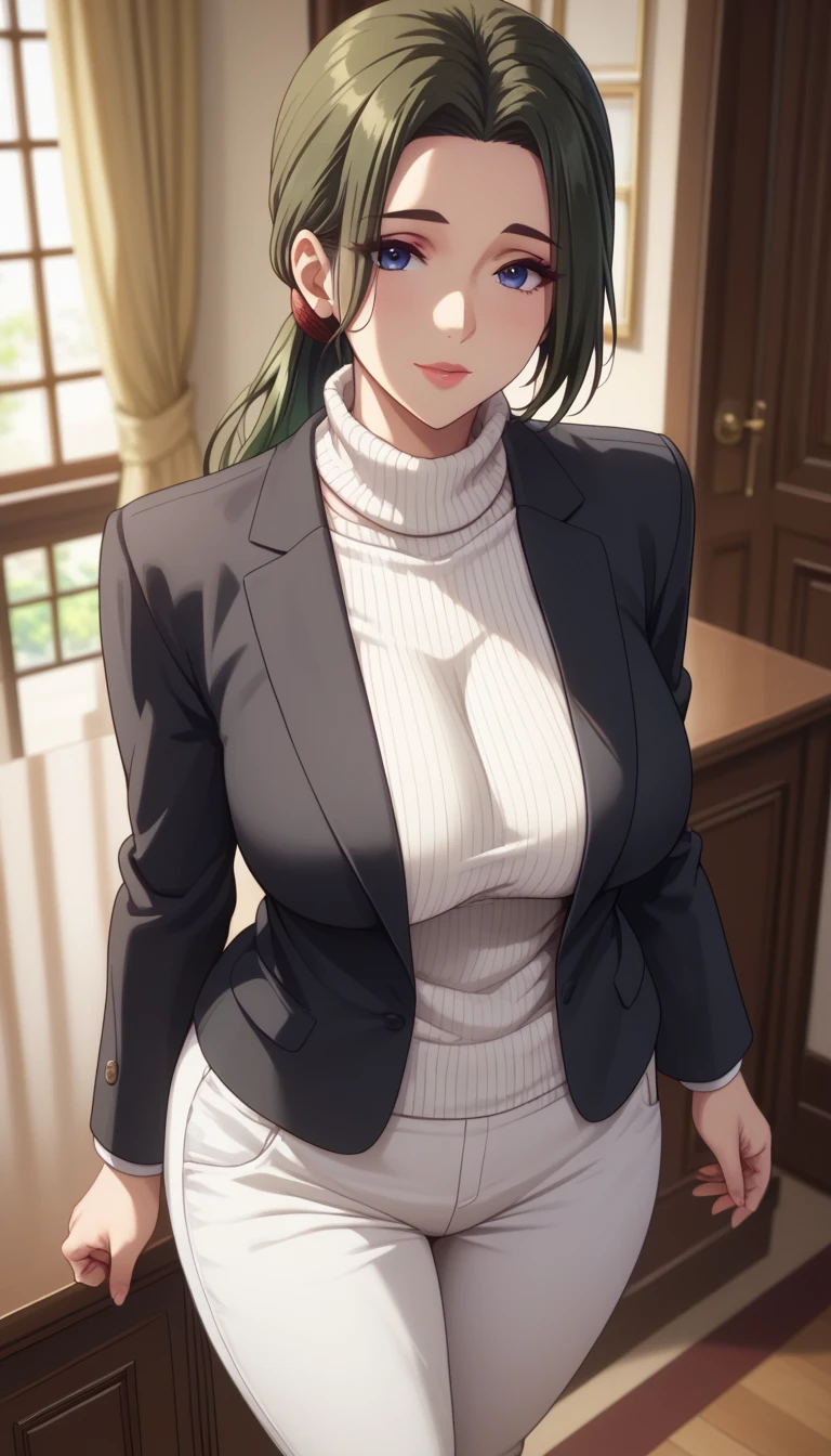 (masterpiece, best_quality:1.2), 1girl, solo, mature female, dark-green hair, low ponytail, (turtle neck white sweater, white pants, black blazer), beautiful eyes, female focus, looking at viewer, large breast, wide hips, ((above view)) ((close up shot)) ((solo)) detailed, very high resolution, no blurry image, standing, beautiful, elegant, serene expression, intricate details, detailed background, bedroom:1.3