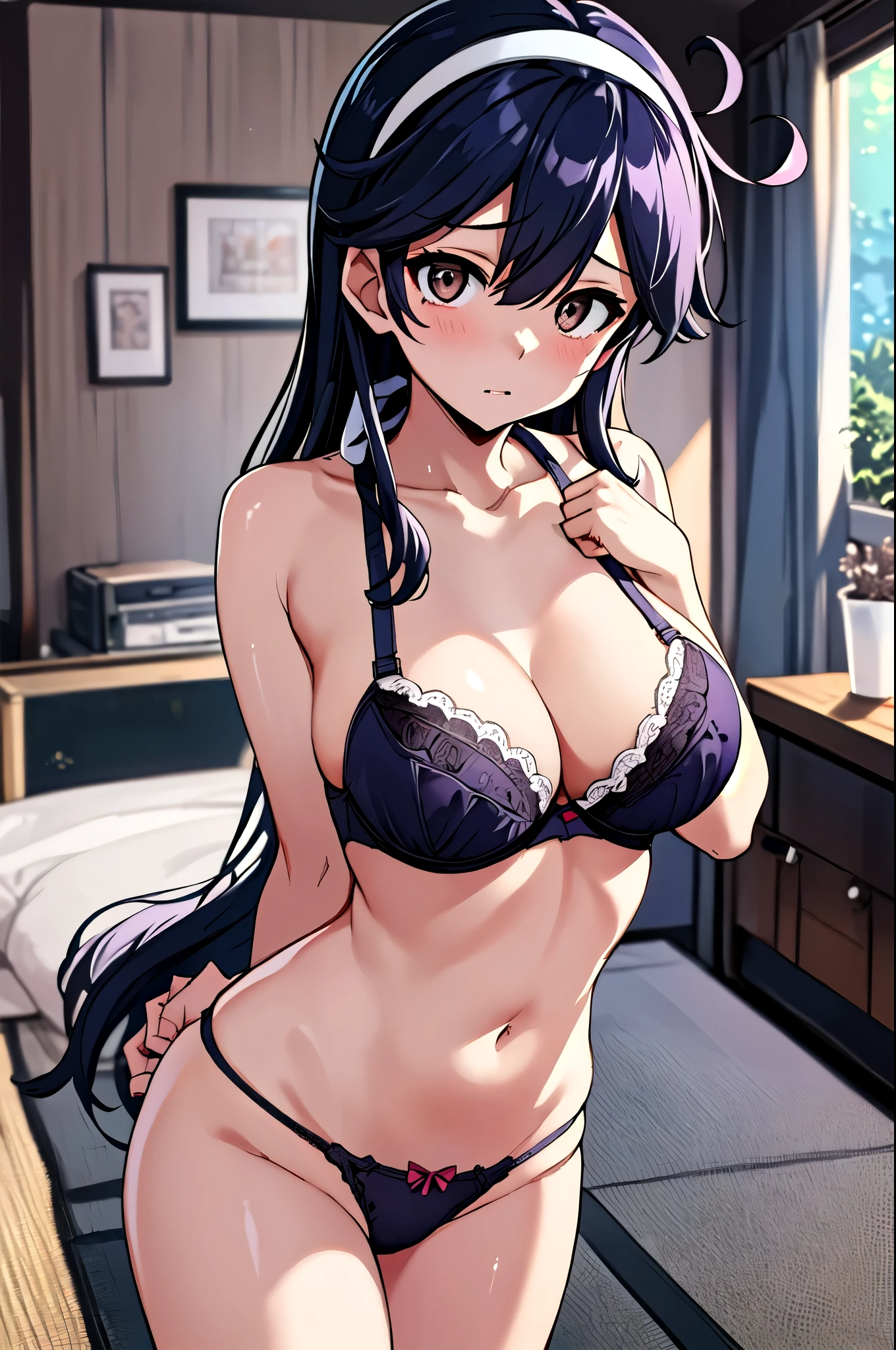  top quality,   Masterpiece ,  high definition , Alone,  1 girl, {Ushio_  fleet collection in h:1.15}, 長hair, 黒hair,  , (白 headband),  headband, hair_between_eye, 茶色eye, Big Breasts, chest, 大きいchest,  (Petite), Living Room Background,  office background, ( lean forward ),  Watch viewers,  Dutch Angle ,  Cowboy Shots,((  punch )),(  panties), ( bra), (  innerwear )