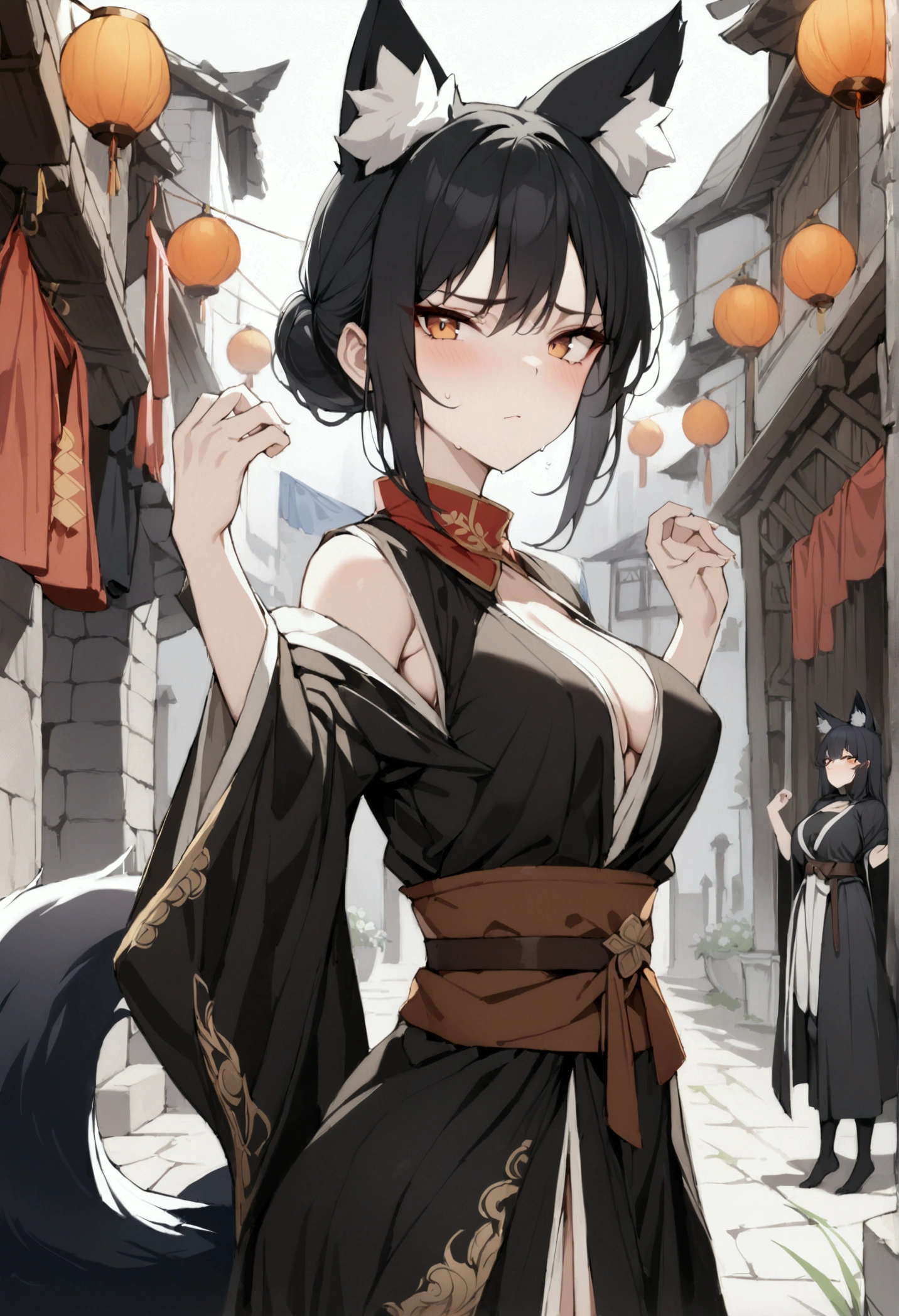 (1girl, Masterpiece, best quality, beautiful) A fox-woman, short black hair, (black fox ears with white fur), neutral face expression, medieval-style ((black very heavy bulky clothing robes multi-layered robes)) beautiful amber eyes, brown belt around her waist, black pants, standing pose, (black fox tail)
