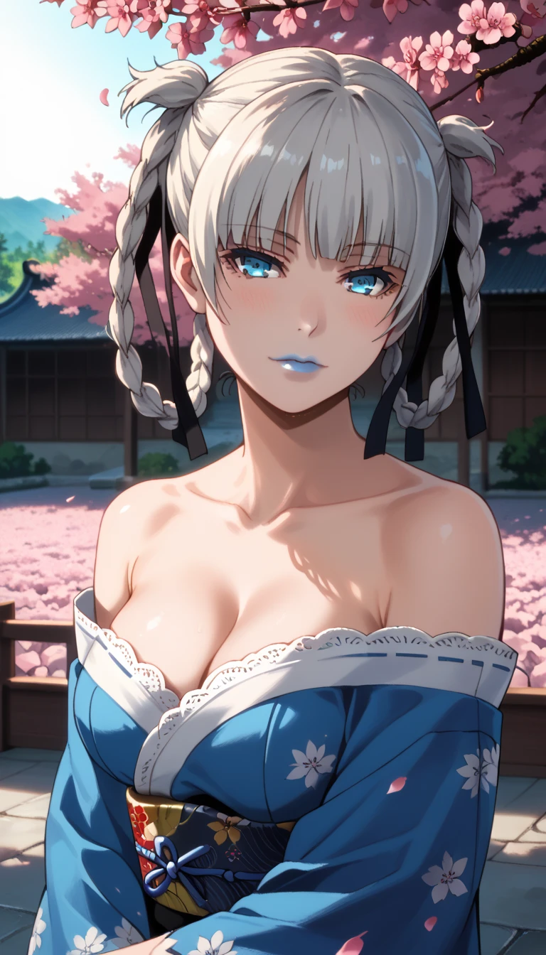 Score_9, score_8_up, score_7_up, score_6_up, source_anime, rating:general, 1girl, kirari momobami, white hair, braided hair, upper body, sultry look, head tilt, blush, pale white skin, strapless sexy kimono, blue floral kimono, black lace trim, blue eyes, blue lipstick, colored contacts, doll face, medium sized breasts, cleavage, exposed shoulders, traditional Japanese garden, cherry blossoms, cherry blossom petals, solo, 8k quality, iphone wallpaper, vivid colors, perfect lighting, perfect shadowing, god rays, perfect positioning 