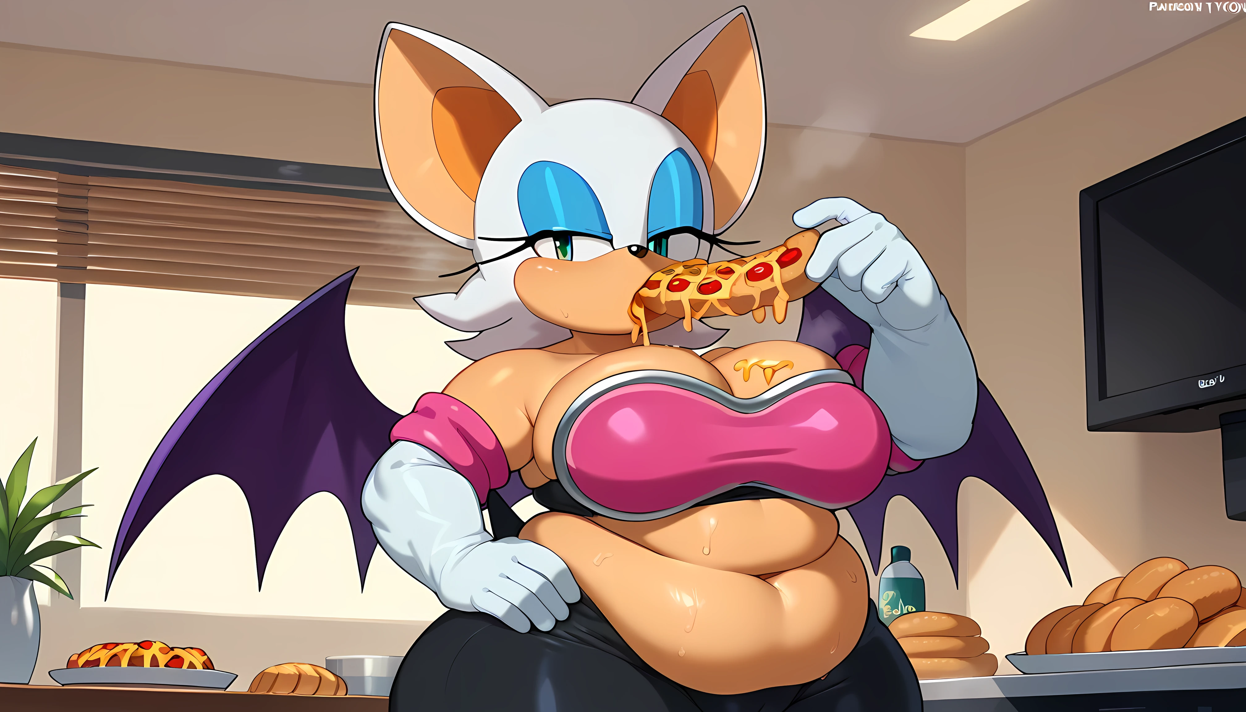 rouge the bat, sonic \(series\), 1girl, solo, hand on own hip, elbow gloves, (ssbbw), obese, sweating, big hips, ((expanding)), steaming body, wobble lines, big_double_doughy_belly, she´s enjoying, (nightcity_background), (weight gain), (too much food around her:2.0), (perfect shaders), (bedroom), (friends feeding rouge), (force feeding:1.5)