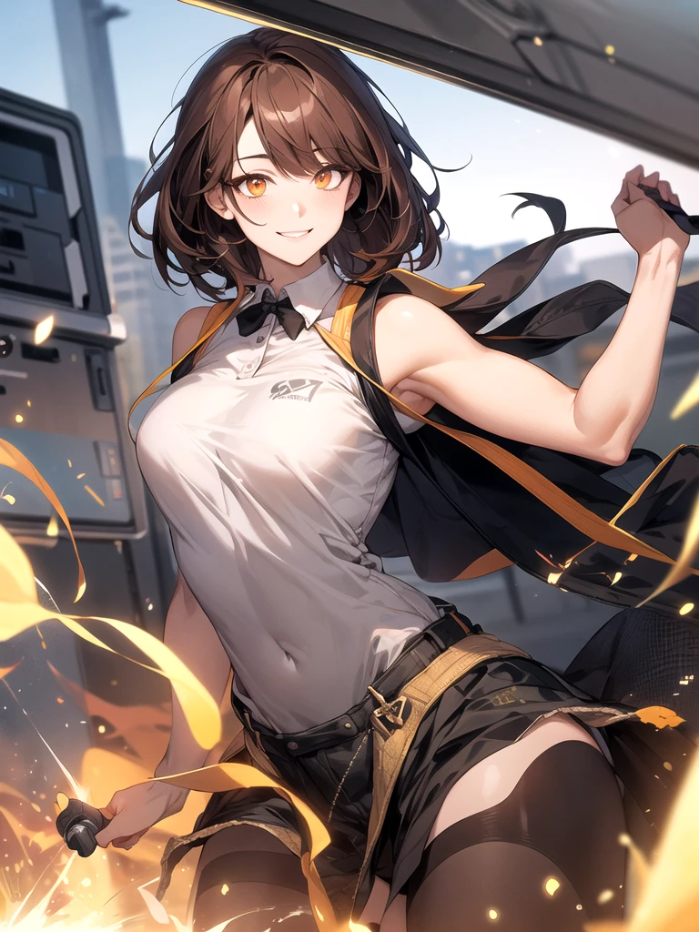 (masutepiece), (Best Quality), (Ultra-detailed), (Best Illustration), (Best Shadow), (absurderes), Novak Gisakinova, Short hair, Orange hair, Brown eyes, kugisaki-nobara, NobaraJK,(with an iron hammer),School uniform, 1girl in, Solo, (open short jacket:1.2), Bangs, Closed mouth, Long sleeves, (ultra black mini skirt,Micro Panties:1.2),Black pantyhose,Cameltoe,Spread legs,(Fighting stance, If you are posing, Kung Fu Action, Dynamic Angle),From below,angry,School Background,