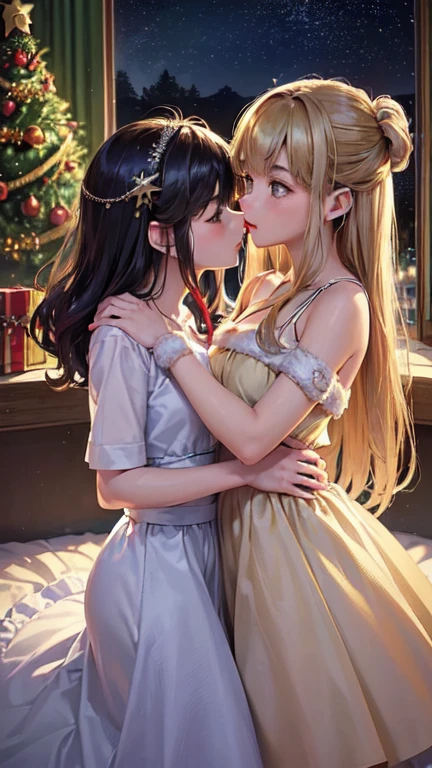 (  Masterpiece , top quality,  top quality,  official art, beautiful、 and aesthetic:1.2),( two girls、キスをしている two girls:1.5), night、 Christmasのイルミネーション、Sendai Pageant of Light 、(( Christmas:1.2))、大きな Christmasツリー,  rich and colorful,  most detailed