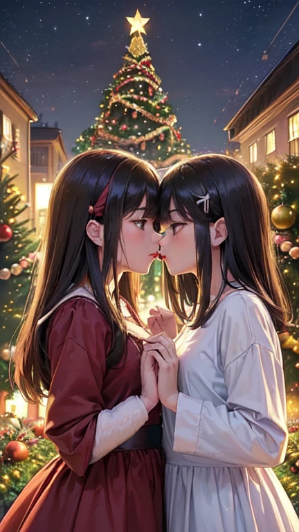 (  Masterpiece , top quality,  top quality,  official art, beautiful、 and aesthetic:1.2),( two girls、キスをしている two girls:1.5), night、 Christmasのイルミネーション、Sendai Pageant of Light 、(( Christmas:1.2))、大きな Christmasツリー,  rich and colorful,  most detailed