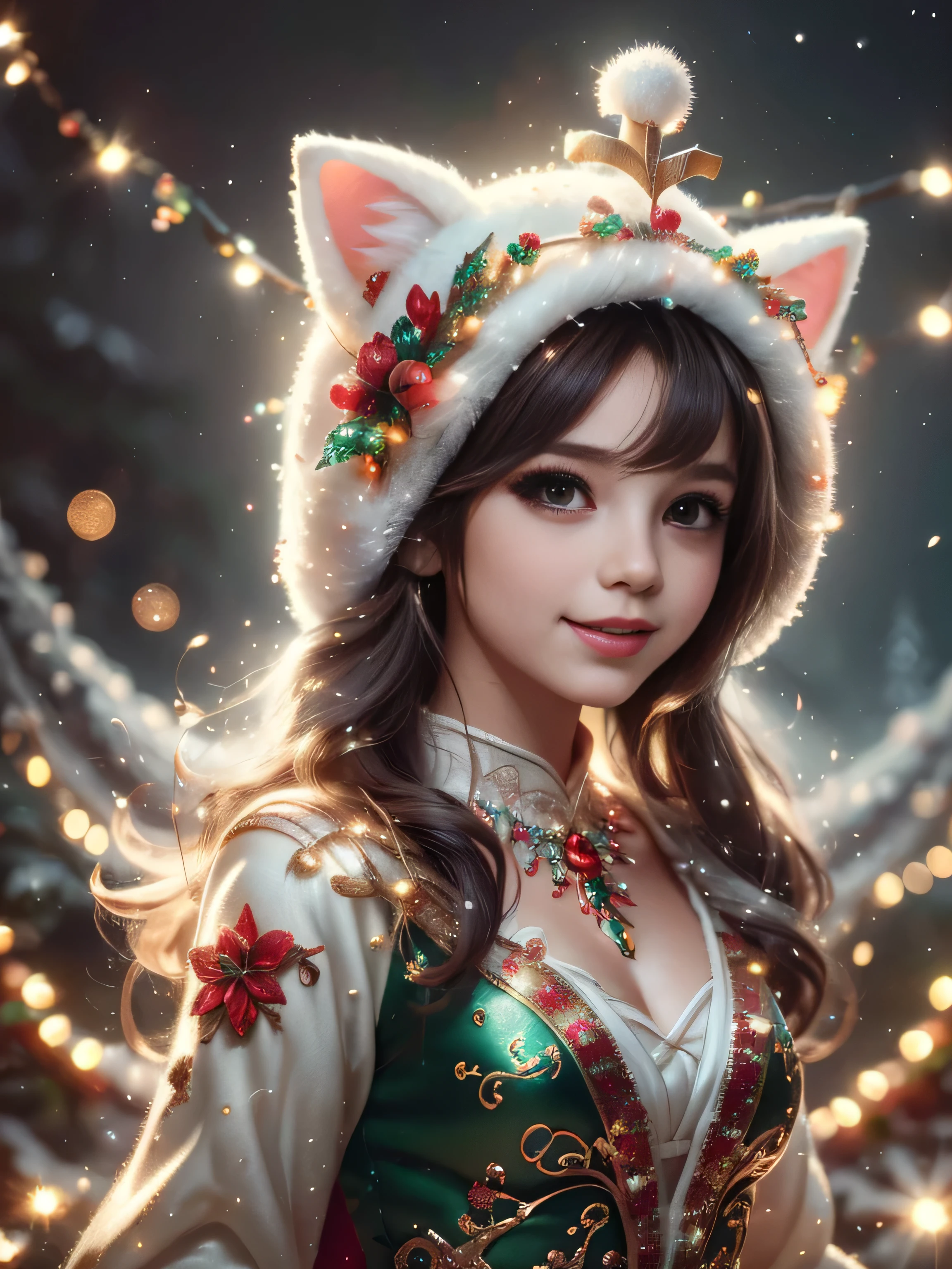 (Best Quality, Super Detail, Masterpiece, Representative Work, Official Art, Professional, Super High Detail, 8k:1.3), (Full Body) Cute girl in fantasy Christmas outfit, face wearing cat ear hat, Beautiful detailed eyes, Beautiful detailed lips, Demonic smile, detailed eyes and face, long eyelashes, Vibrant colors, Red hair, Innocent expressions, Playful features, Intricate Christmas decorations, Glowing garlands, Sparkling ornaments, Natural Lighting, Soft Background, Photorealistic, Shining eyes, Sharp focus, Glowing skin, Cute and mischievous look, Hint of mischief, Dreamy atmosphere, Delicate details, soft volumetric light, (Backlight:1.3), (Cinematic:1.2), Intricate details, (ArtStation:1.3)