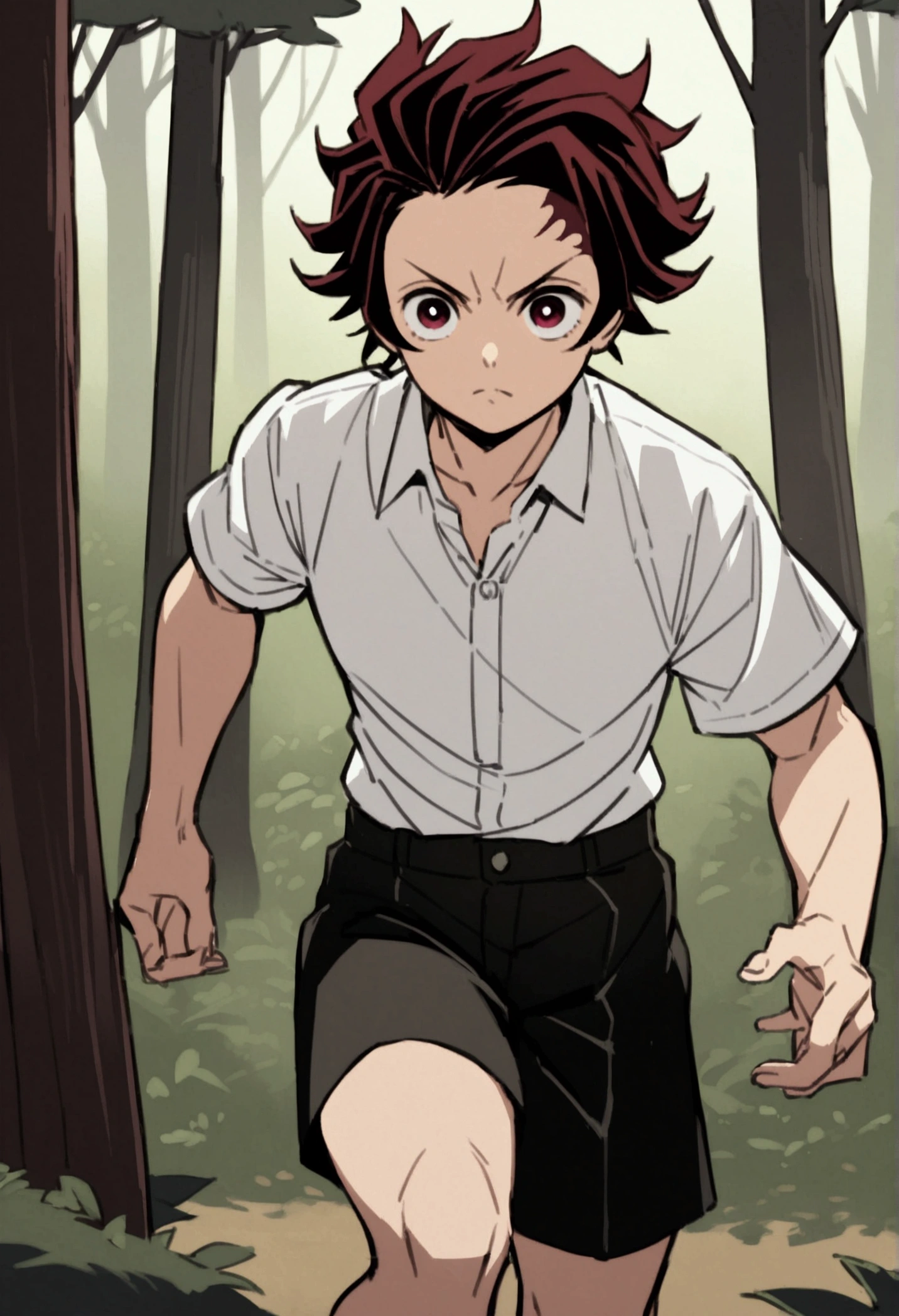 Tanjirou Kamado in forest, white shirt, in black shorts