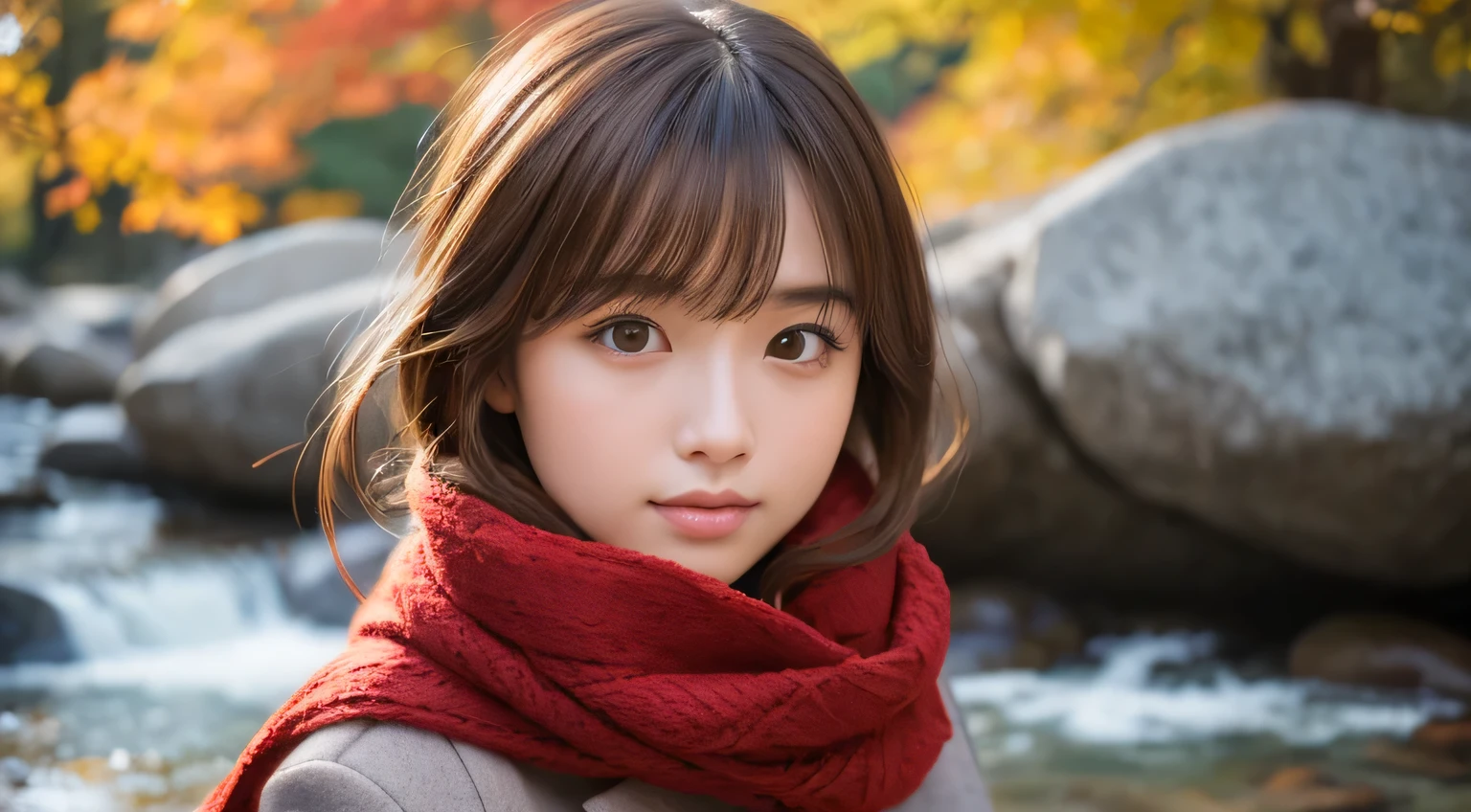 finest image, portrait, very cute girl, light brown glossy pixie cut, sparkling big eyes, scarf, gloves, fluffy sweater, background fallen leaves and chestnuts are covered with autumn leaves, professional lighting