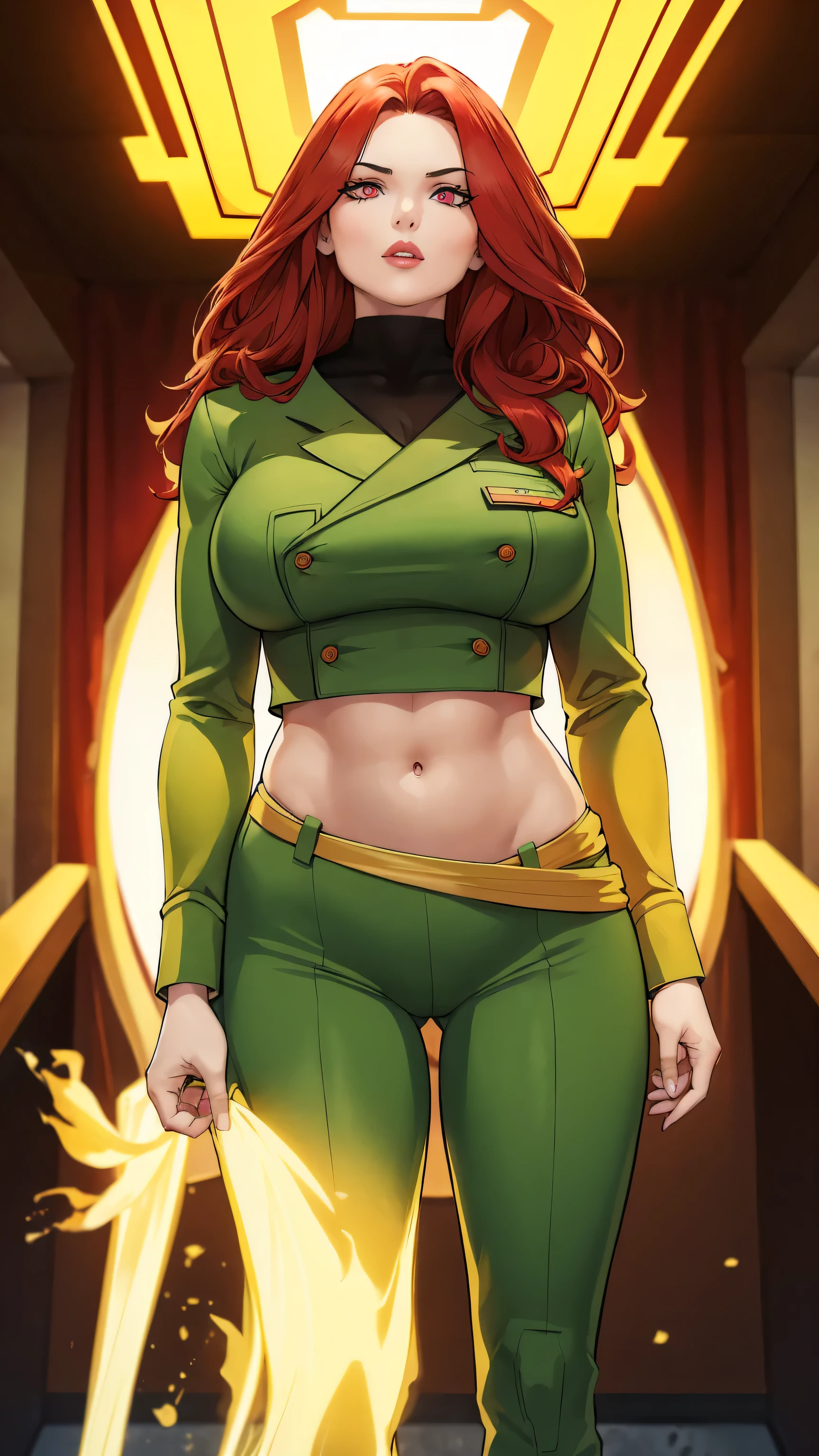 A Soviet military girl, tall, sexy, big chest, good, friendly, happy, long red hair, smooth, her brown eye, pink lip, she dresses in a green metallic top, a black patch, her chest, her waist, a yellow ribbon, and her pants, metallic green, big, thigh, sensual, big yellow boot, wearing a black Soviet winter cap.