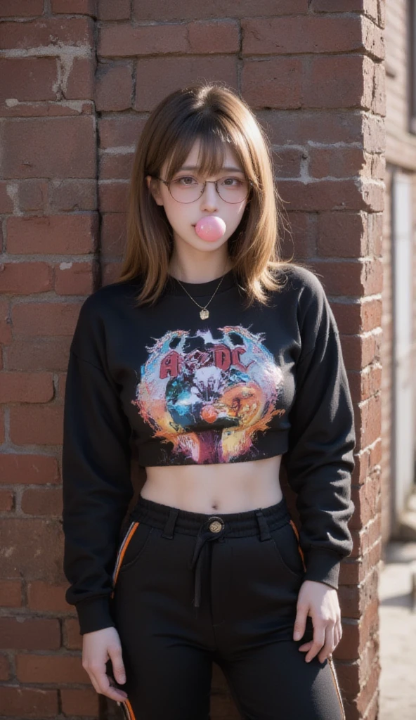 A woman with a bubble gum in her mouth stands casually against a brick wall. Her light brown hair is complemented by the glasses perched almost at the end of her nose, adding a touch of whimsy to her look. She is dressed in a comfortable AC/DC sweatshirt, which contrasts with her trendy wide black hip hop pants featuring an orange stripe. Around her neck, a gold necklace with a dolphin pendant adds a playful touch. The overall vibe is reminiscent of the 90s, with a crop top peeking out from under her sweatshirt, showcasing her preference for short tops. Her attire is a perfect example of cute, casual streetwear, embodying a pretty woman in jeans and a t-shirt, captured in a style reminiscent of a Drew Tucker photograph.