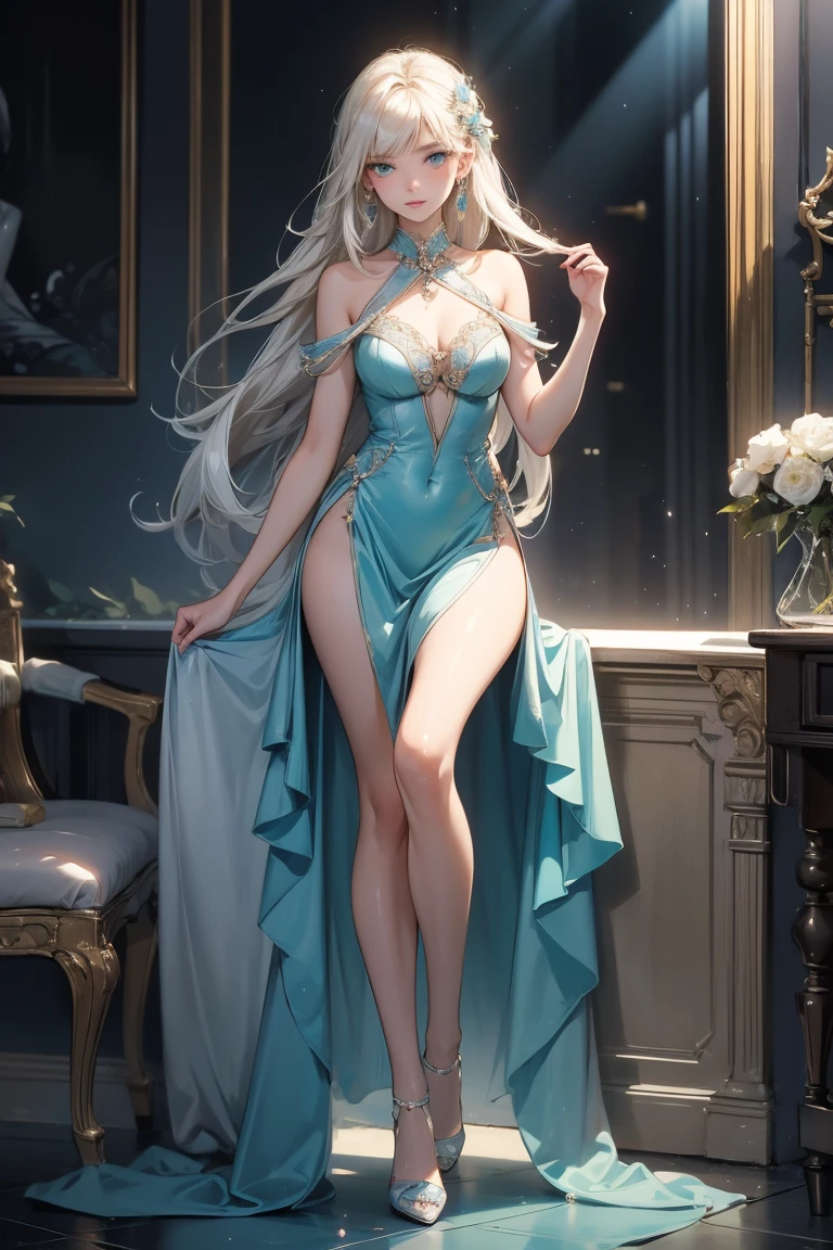 Master anime work, impeccable masterpiece, a mature noblewoman standing on a pure white background in a cool and sexy costume, female boss, flowing silver hair, full body standing, slender legs, straight breasts, detailed face details, natural and beautiful standing posture, vivid and real body details
