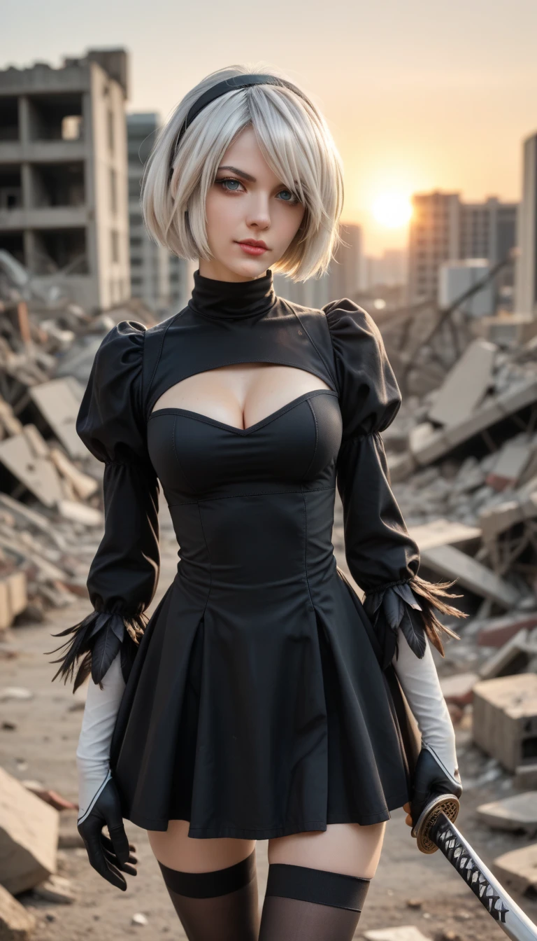 score_9, score_8_up, score_7_up, Raw Photo, Cowboy Shot, yorha no. 2 type b, short white hair, black dress, hairband, black gloves, clothing cutout, cleavage cutout, puffy sleeves, long sleeves, black hairband, feather-trimmed sleeves, juliet sleeves, mole under mouth, holding katana, black thighhighs, turtleneck, sunset, rubble in the background, depth of field, dynamic angle, photo realistic:1.4, realistic skin:1.4, fashion photography, sharp, analog film grain, hyperdetailed:1.15