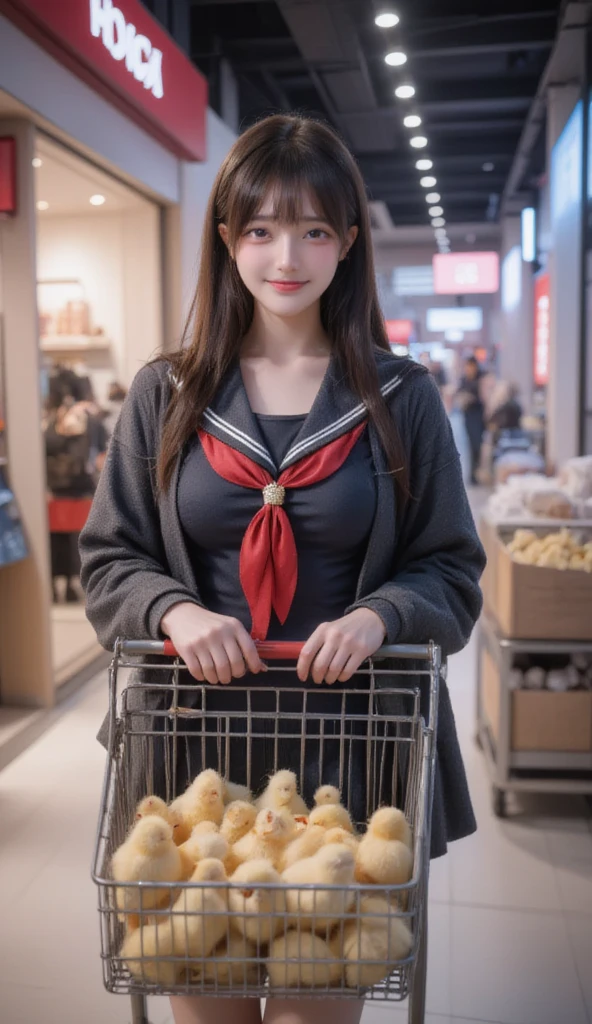 An ultra-realistic, photorealistic scene unfolds in a trendy shopping mall, where a teenage Japanese famous idol girl is captured in a dramatic pose. She is a very beautiful, fragile Japanese girl with a cute yet boyish cool face, accentuated by very large breasts and a slim waist. She is dressed in a gray Japanese high school sailor uniform with a white shirt and dark-colored cardigan, complemented by a red ribbon. The idol girl is walking while pushing a shopping cart full of chicks, smiling warmly at the viewers. The scene is set in front of a store specializing in gothic lolita fashion, with the camera shooting from the side to capture the intricate details of her outfit and the vibrant atmosphere of the mall.