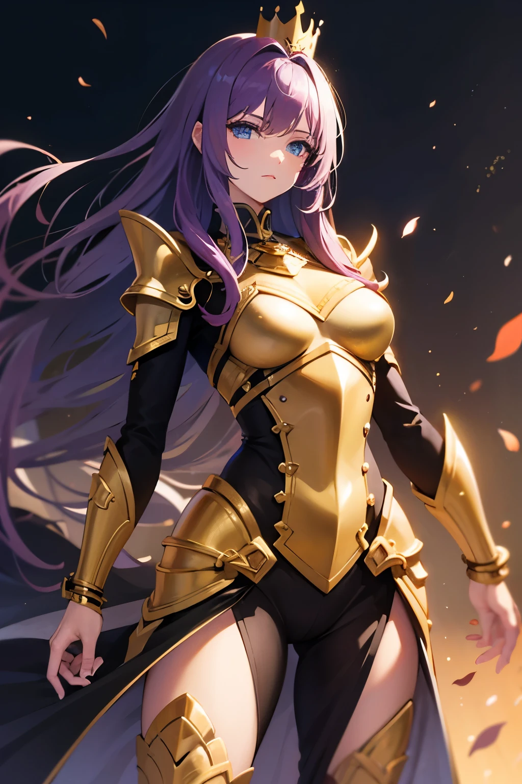1girl, gold armor, long hair, purple hair, huge ahoge, blue eyes, seductive smile, glowing gold sword,