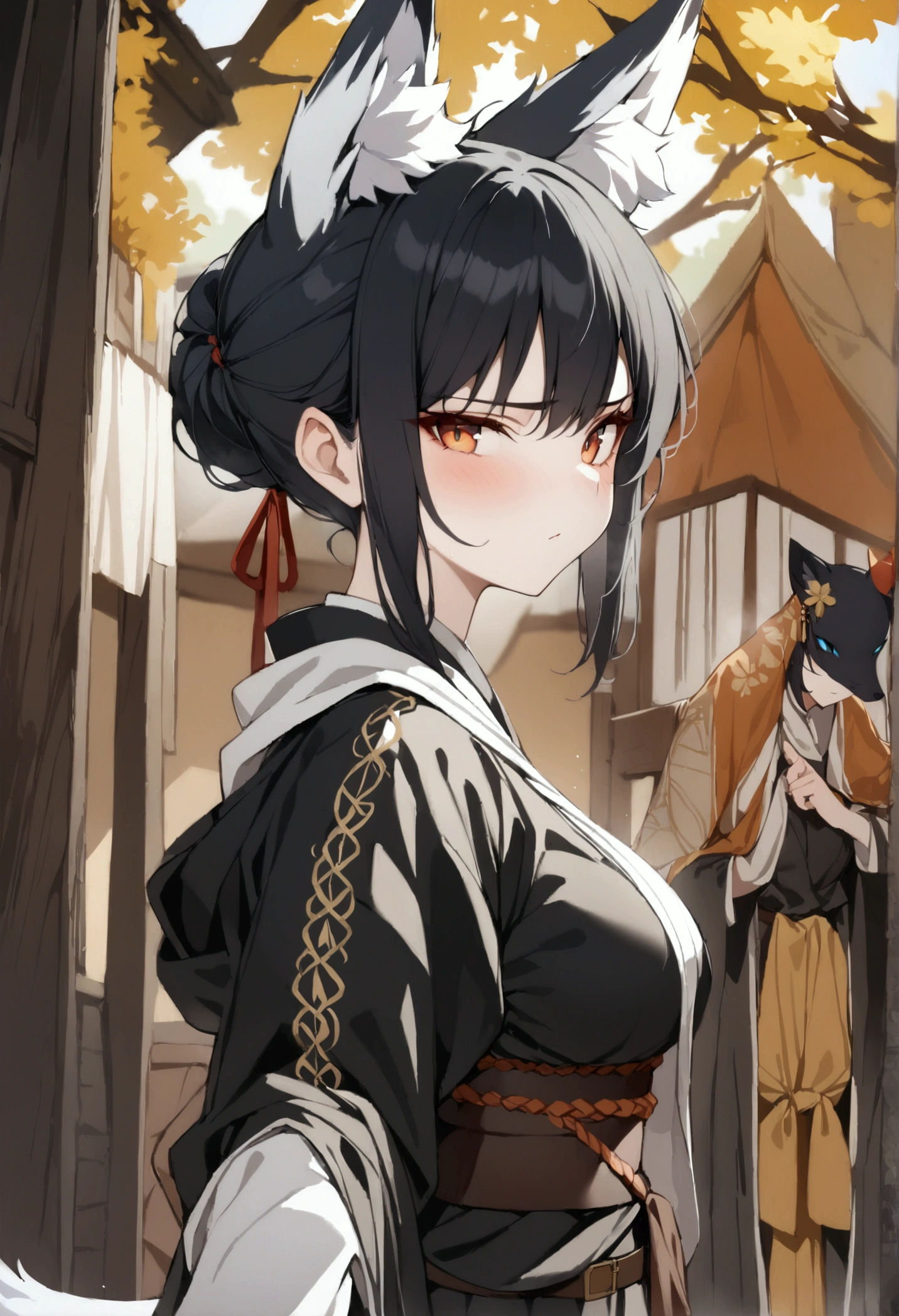 (1girl, Masterpiece, best quality, beautiful) A fox-woman, short black hair, (black fox ears with white fur), neutral face expression, medieval-style ((black very heavy bulky clothing robes multi-layered full covered)) beautiful amber eyes, brown belt around her waist, black pants, standing pose, (black fox tail)
