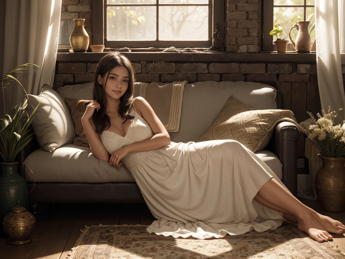 a beautiful young woman reclining on a sofa ,  bright brown hair ,  beautiful and detailed eyes , A serene smile, peaceful expression,  Delicate European facial features ,   cross-legged posture  ,  surrounded by pillows and cushions ,  soft ambient lighting , cozy atmosphere,  unique carpet with patterns ,  intricate details on the carpet ，RUSTIC STYLE, ochre-neutral colors , old clay vases lying next to her,  transparent camel dress ,  natural sunlight streaming through the cracked old wooden window,  jute room decoration he ixtle , Old wood,  a gentle breeze that shakes the curtains ,  vines on the old brick wall .,  a peaceful and contemplative mood ,  high resolution painting with rich textures and brushstrokes,  atmospheric lighting,   magical and dreamy environment .