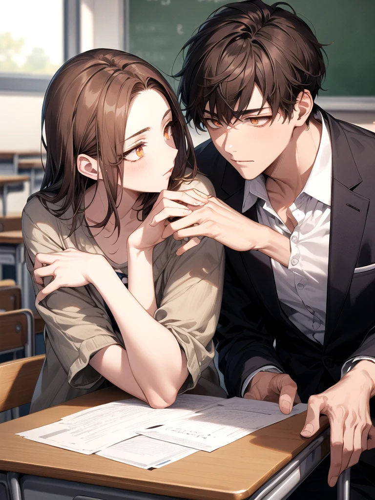 Male and female couples　The girl leaned back on the table，Wear a shirt and hip-hugging skirt。The boys are next to the girls，Wearing a black suit and trousers，I have a watch in my hand。Hands on the girl's waist。