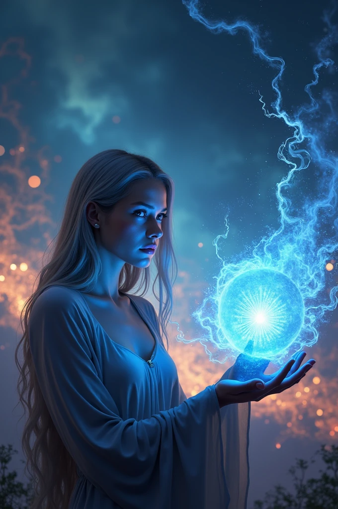 Standing An enlightened being connects telepathically with a human being, a black-haired woman, the woman writes, Spiritual Channeling. Photorealism, full view, highly detailed image, highly realistic, hyperrealism, cinematography, Ultra HD, 8k, Unreal Engine 5, sharp focus, intricate and mysterious masterpiece. (Long exposure photography Highly detailed, high-detailed close-up portrait art illustration - Final quality medium shot, backlit, rich and eye-catching. Enigmatic and mysterious manipulations (rule of thirds composition), ((detailed environment with lines strong), Better quality, on camera, white light, warm and clean aesthetics, dazzling screen composed of millions of bright ultraviolet lights, HDR.