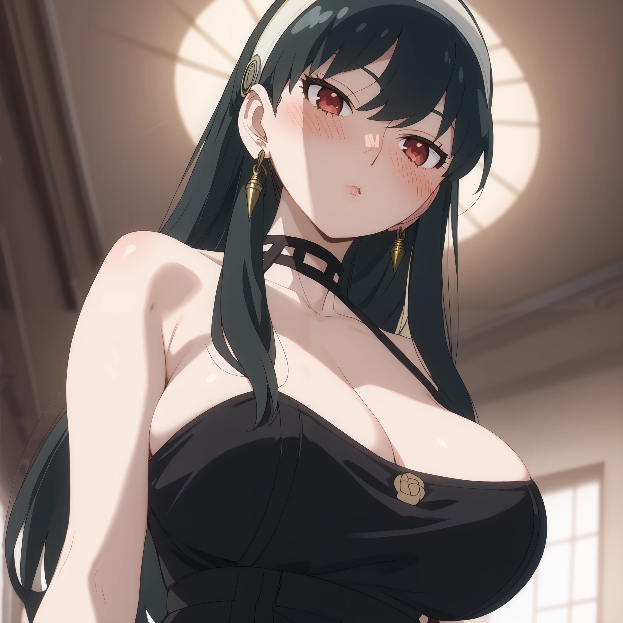 dress, cleavage, bare shoulders, jewelry, collarbone, sleeveless, black dress, halterneck, headband, white headband, standing, from below, sexy panties, breast, (huge breast:1.15), (blush), 8k masterpiece, (1girl, solo), yor briar, black hair, red eyes, earrings, white hairband, hairband, long hair, sidelocks,