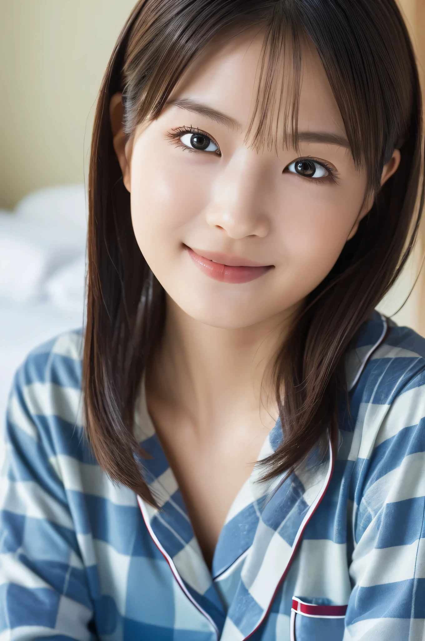 Best image quality, Focus, Soft light, Black hair, (Japanese)), (((Front, ))), (Depth of field), Ultra high resolution, (Real: 1.4), RAW photo, ((pajamas)), , bed room , indoor, smiling face