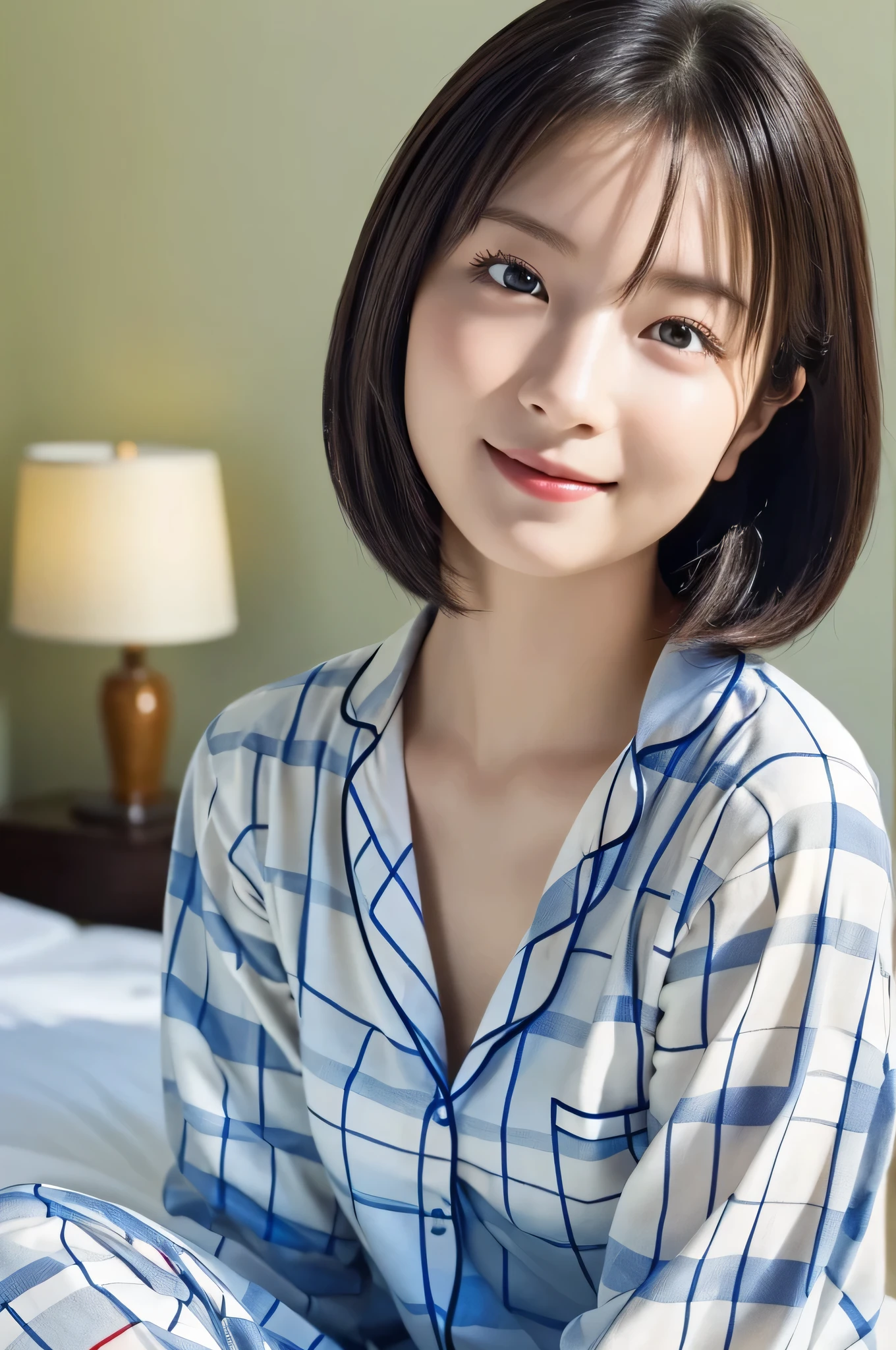 beautiful girl sitting on bed , (Baby Face:1.2), ( top quality:1.4), ( very detailed), ( very detailed美しい顔),  looks away, ( Plaid Pajamas:1.4), smile,  amazing face and eyes, iris,  bob hair,  Japanese Beauty , ( slender body:1.3), (Sleepy face:1.3), smooth,   very detailed CG integration 8k Wallpaper,  high resolution RAW color photo ,  Professional Photo, light, Backlight, Dreamy, Impressive,  written boundary depth, bedroom, ( Face Closeup :1.3), ( shot from the front:1.2)