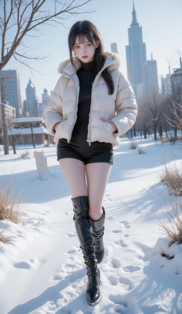 A slender woman with glasses is captured in a winter scene, wearing a ...