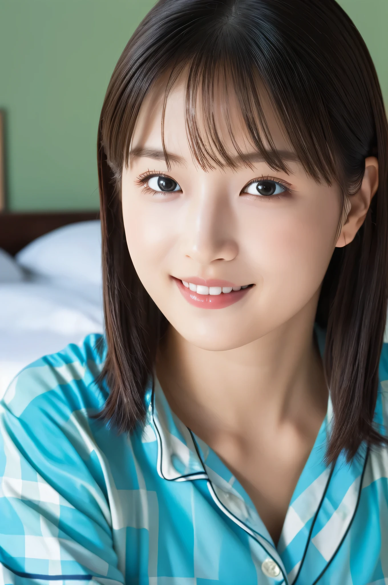 beautiful girl sitting on bed , (Baby Face:1.2), ( top quality:1.4), ( very detailed), ( very detailed美しい顔),  looks away, ( Plaid Pajamas:1.4), smile,  amazing face and eyes, iris,  bob hair,  Japanese Beauty , ( slender body:1.3), (Sleepy face:1.3), smooth,   very detailed CG integration 8k Wallpaper,  high resolution RAW color photo ,  Professional Photo, light, Backlight, Dreamy, Impressive,  written boundary depth, bedroom, ( Face Closeup :1.3), ( shot from the front:1.2)