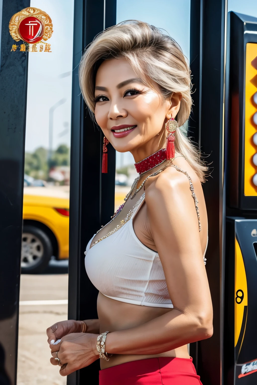 75 years old　mom　milf　Chinese Lady　large earring　Big choker　navel piercing decoration　A bracelet　Silver Hair　realisitic　Gorgeous Madame Beautiful Mature Woman　sexly　Smile　Gentle woman navel piercing　４K　High quality gorgeous madam beautiful mature woman