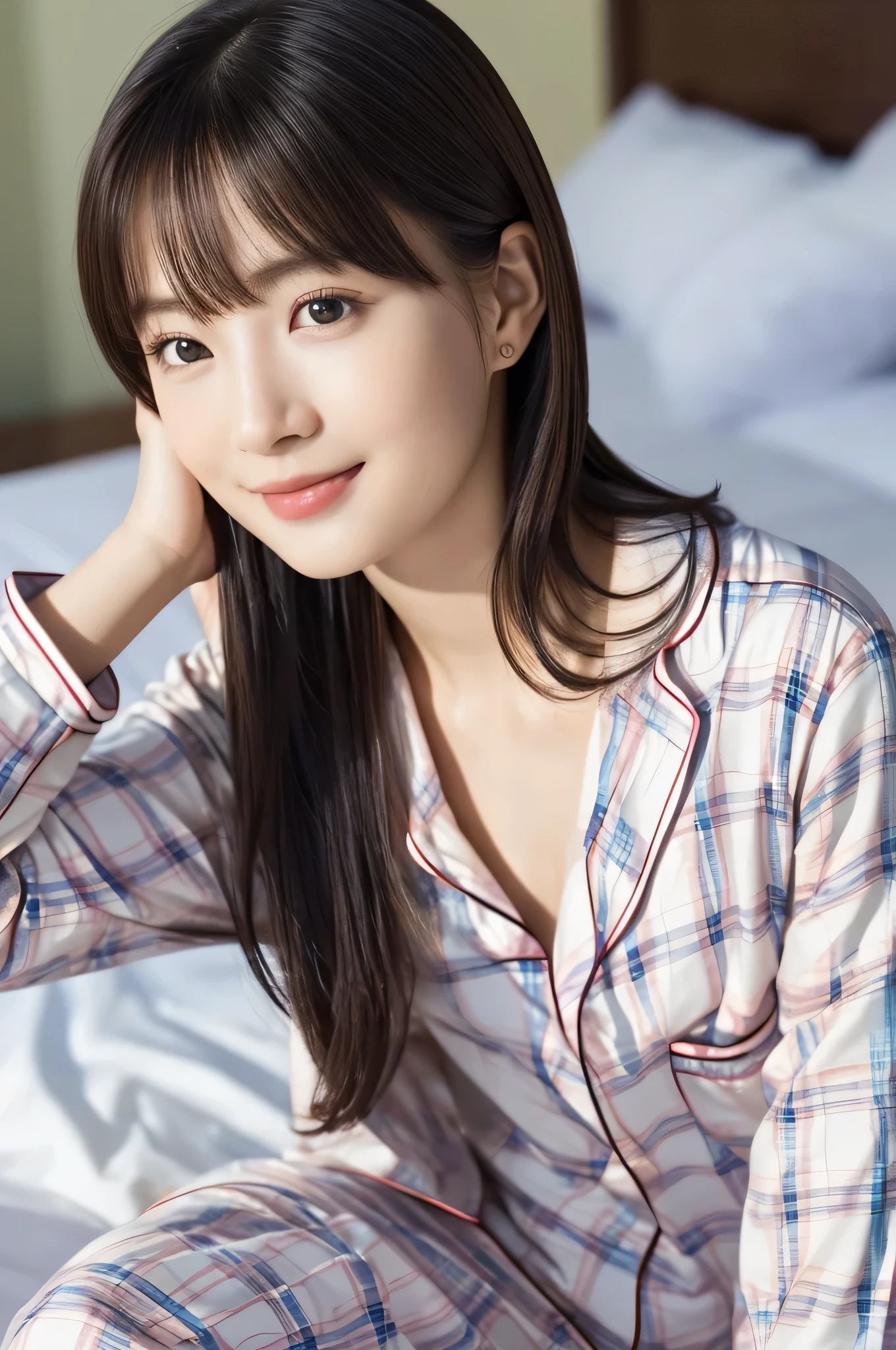 beautiful girl sitting on bed , (:1.2), ( top quality:1.4), ( very detailed), ( very detailed美しい顔),  looks away, ( Plaid Pajamas:1.4), smile,  amazing face and eyes, iris,  bob hair,  Japanese Beauty , ( slender body:1.3), (Sleepy face:1.3), smooth,   very detailed CG integration 8k Wallpaper,  high resolution RAW color photo ,  Professional Photo, light, Backlight, Dreamy, Impressive,  written boundary depth, bedroom, ( Face Closeup :1.3), ( shot from the front:1.2)