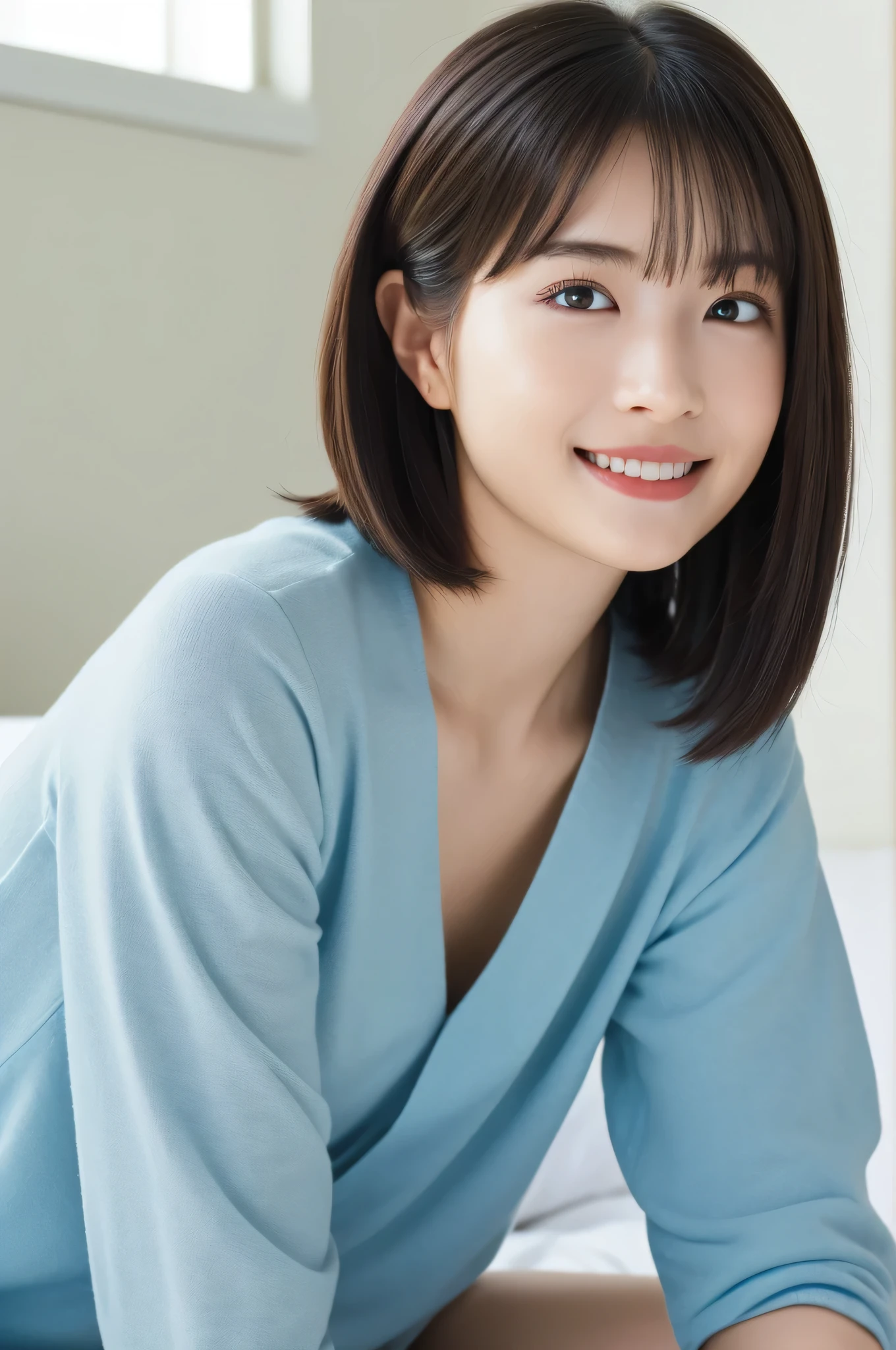 beautiful girl sitting on bed , (Baby Face:1.2), ( top quality:1.4), ( very detailed), ( very detailed美しい顔),  looks away,  Plaid Pajamas, smile,  amazing face and eyes, iris,  bob hair,  Japanese Beauty , (Skinny body type:1.1), (Sleepy face:1.3), smooth,   very detailed CG integration 8k Wallpaper,  high resolution RAW color photo ,  Professional Photo, light, Backlight, Dreamy, Impressive,  written boundary depth, bedroom, ( Face Closeup :1.3), ( shot from the front:1.2)