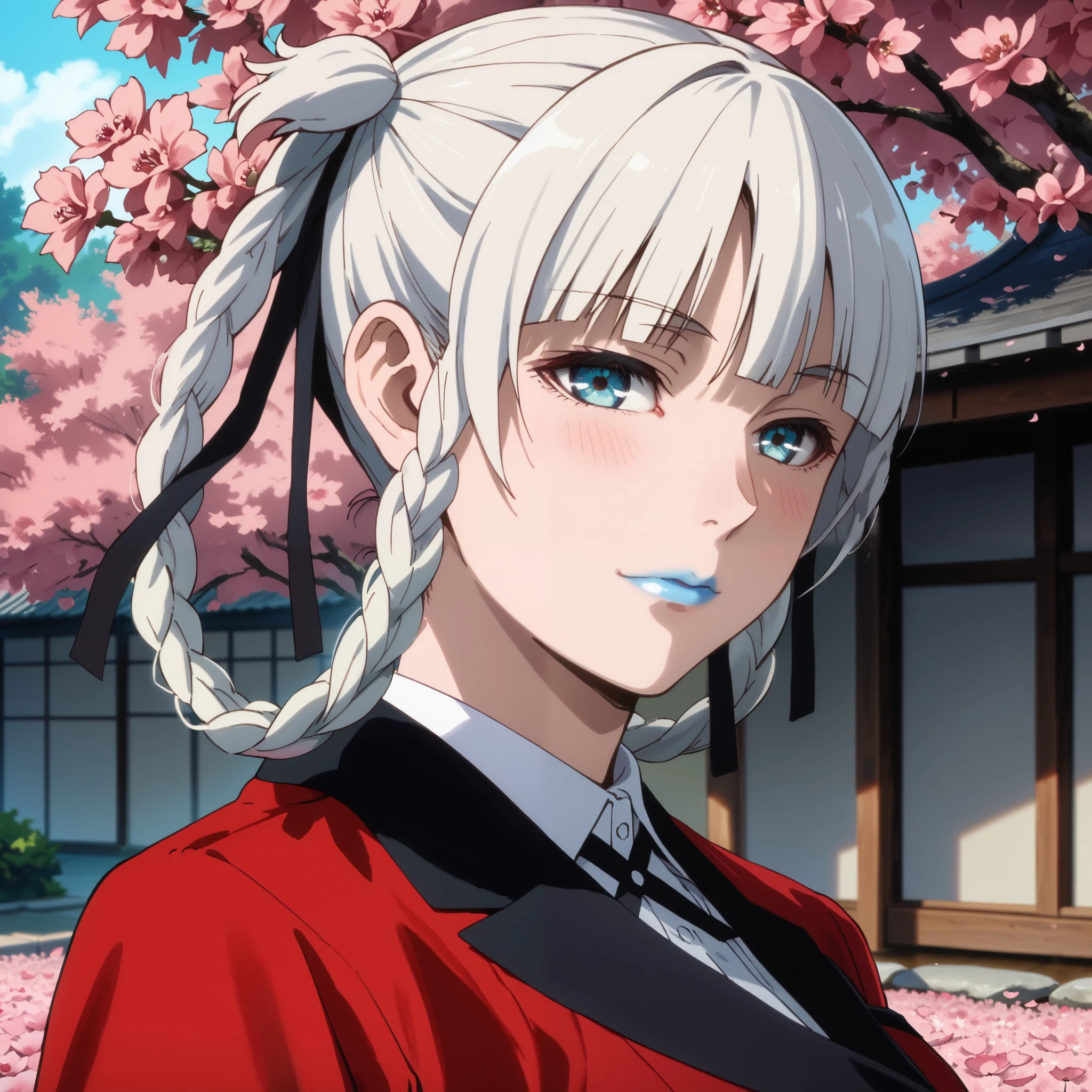 Score_9, score_8_up, score_7_up, score_6_up, source_anime, rating:general, 1girl, kirari momobami, white hair, braided hair, upper body, sultry look, head tilt, blush, pale white skin, swhite shirt, black ribbon, red blazer, blue eyes, blue lipstick, colored contacts, doll face, medium sized breasts, traditional Japanese garden, cherry blossoms, cherry blossom petals, solo, 8k quality, iphone wallpaper, vivid colors, perfect contrast, perfect lighting, perfect shadowing, god rays, facing viewer