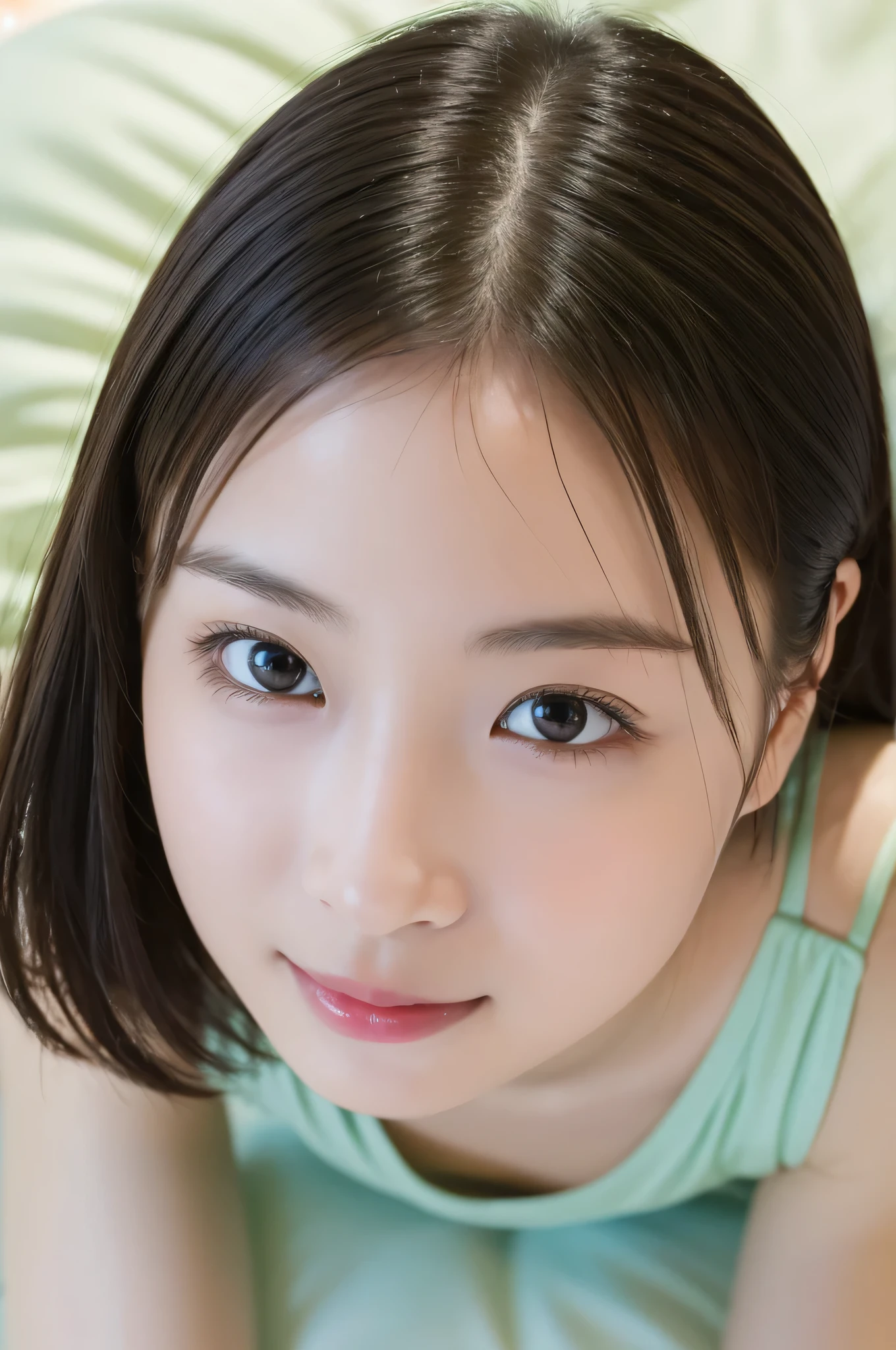 beautiful girl sitting on bed , (Baby Face:1.2), ( top quality:1.4), ( very detailed), ( very detailed美しい顔),  looks away, light green camisole, smile,  amazing face and eyes, iris,  bob hair,  Japanese Beauty , (Skinny body type:1.1), (Sleepy face:1.3), smooth,   very detailed CG integration 8k Wallpaper,  high resolution RAW color photo ,  Professional Photo, light, Backlight, Dreamy, Impressive,  written boundary depth, bedroom, ( Face Closeup :1.3), (Shooting from above:1.2)