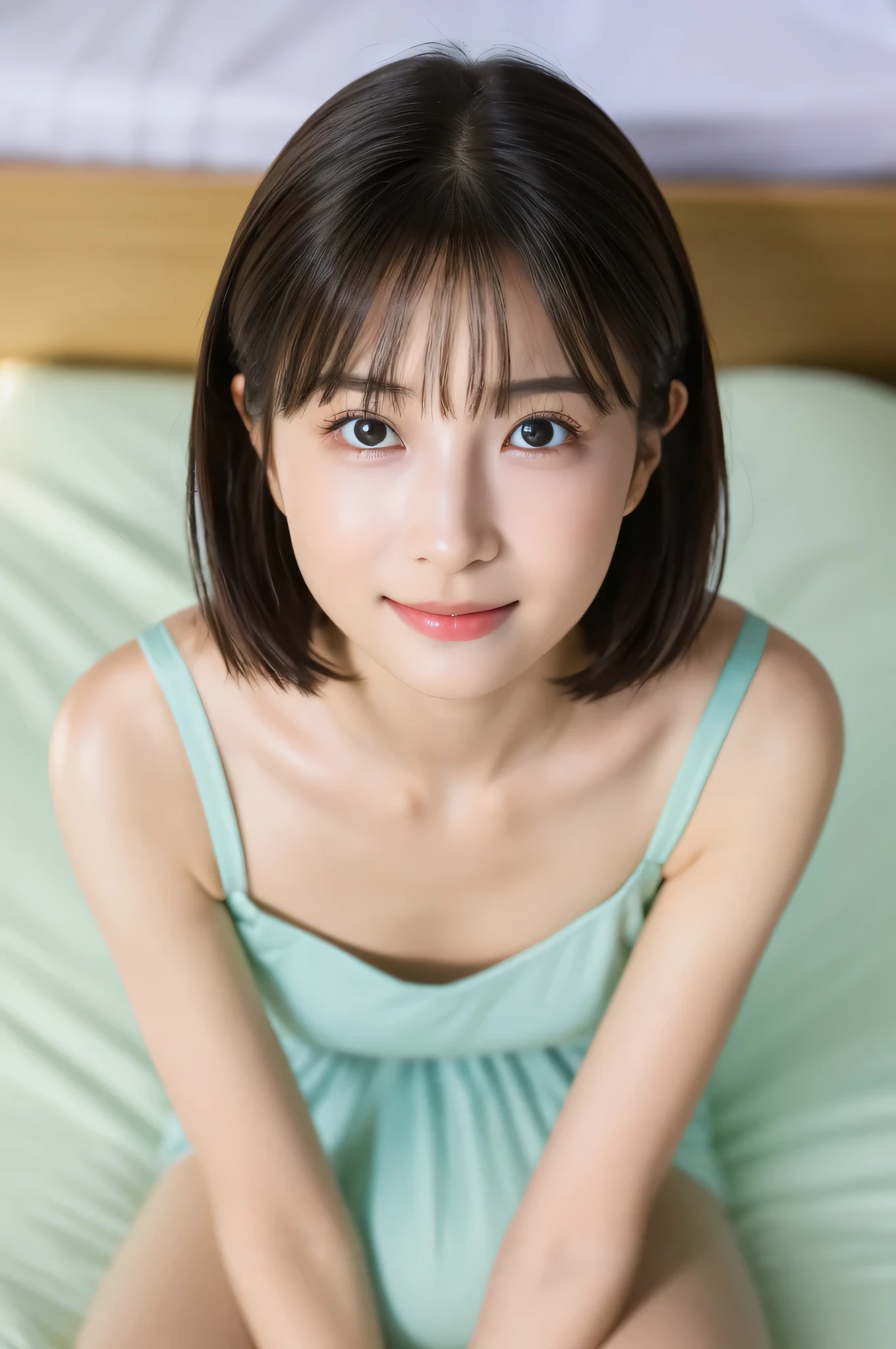 beautiful girl sitting on bed , (:1.2), ( top quality:1.4), ( very detailed), ( very detailed美しい顔),  looks away, light green camisole, smile,  amazing face and eyes, iris,  bob hair,  Japanese Beauty , (Skinny body type:1.1), (Sleepy face:1.3), smooth,   very detailed CG integration 8k Wallpaper,  high resolution RAW color photo ,  Professional Photo, light, Backlight, Dreamy, Impressive,  written boundary depth, bedroom, ( Face Closeup :1.3), (Shooting from above:1.2)