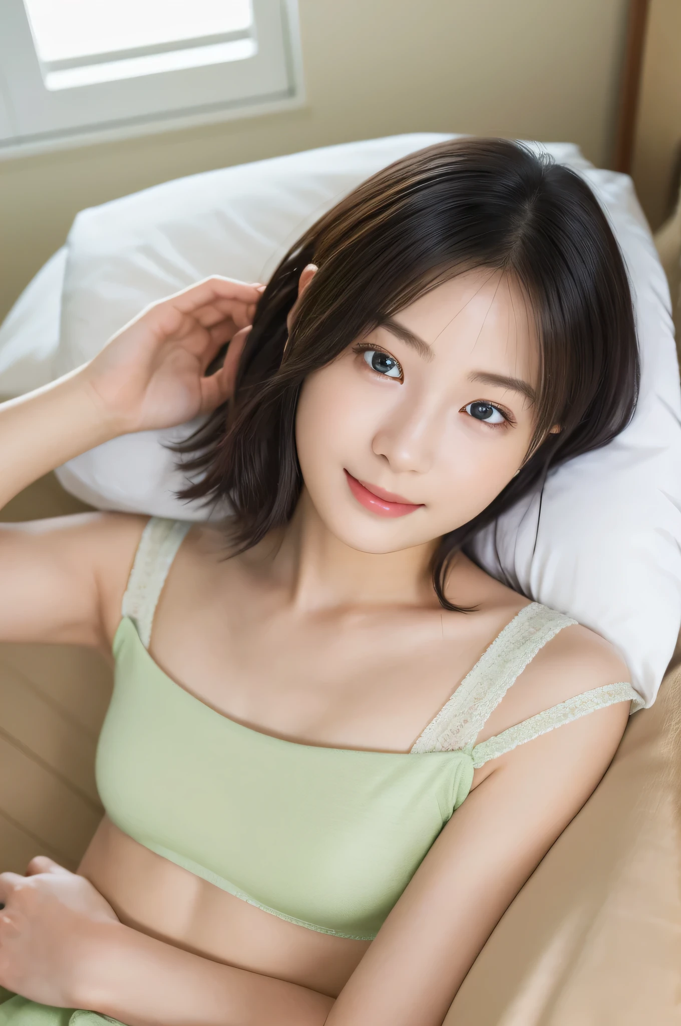 beautiful girl sitting on bed , (Baby Face:1.2), ( top quality:1.4), ( very detailed), ( very detailed美しい顔),  looks away, light green camisole, smile,  amazing face and eyes, iris,  bob hair,  Japanese Beauty , (Skinny body type:1.1), ( flat chested:1.3), (Sleepy face:1.5), smooth,   very detailed CG integration 8k Wallpaper,  high resolution RAW color photo ,  Professional Photo, light, Backlight, Dreamy, Impressive,  written boundary depth, bedroom, ( Face Closeup :1.3), (Shooting from above:1.2)