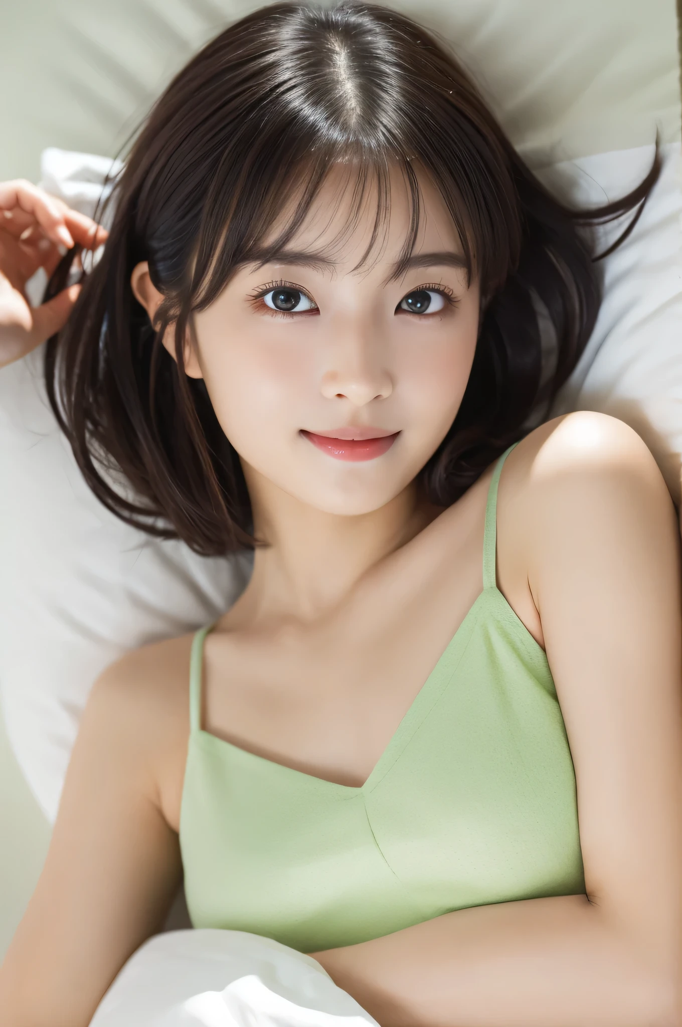  Beautiful Girl Lying in Bed , (Baby Face:1.2), ( top quality:1.4), ( very detailed), ( very detailed美しい顔),  looks away, light green camisole, smile,  amazing face and eyes, iris,  bob hair,  Japanese Beauty , (Skinny body type:1.1), ( flat chested:1.3), Sleepy face,smooth,   very detailed CG integration 8k Wallpaper,  high resolution RAW color photo ,  Professional Photo, light, Backlight, Dreamy, Impressive,  written boundary depth, bedroom, ( Face Closeup :1.5), (Shooting from above:1.2)