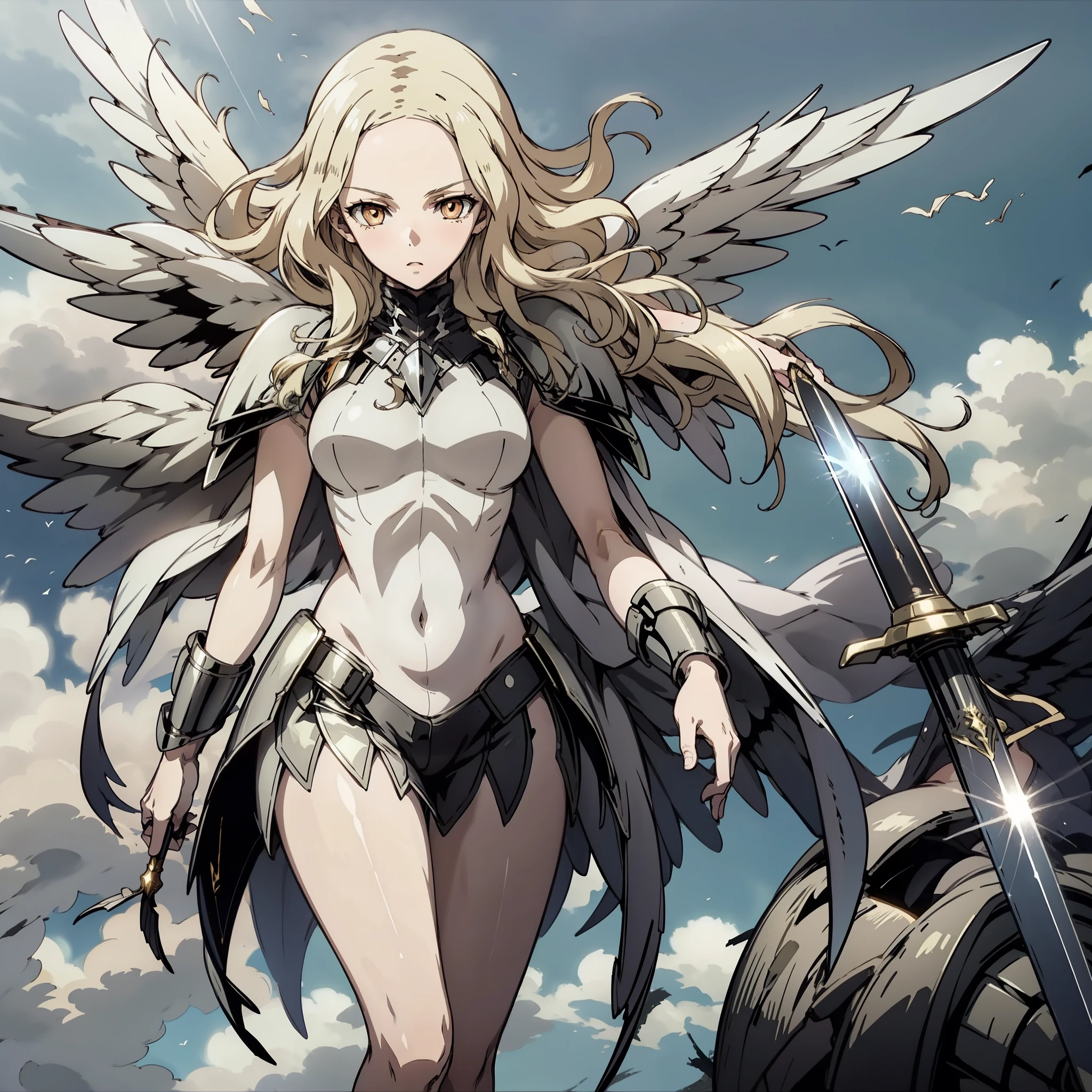    top quality,  golden eyes , Front View ,  looking at camera, Big white wings，Giant Sword    ,  spread their wings and float in the air   ,barefoot   ,          cold eyes,Dust dances ,Solemn,Alone,  Details,  equipment damaged  , Clear eyes 