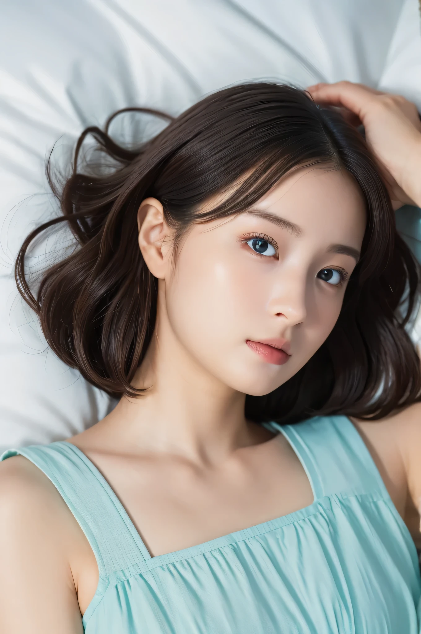  Beautiful Girl Lying in Bed , (Baby Face:1.2), ( top quality:1.4), ( very detailed), ( very detailed美しい顔),  looks away, light blue camisole,  amazing face and eyes, iris,  bob hair,  Japanese Beauty , (Skinny body type:1.1), ( flat chested:1.3), Sleepy face,smooth,   very detailed CG integration 8k Wallpaper,  high resolution RAW color photo ,  Professional Photo, light, Backlight, Dreamy, Impressive,  written boundary depth, bedroom, ( Face Closeup :1.5), (Shooting from above:1.2)