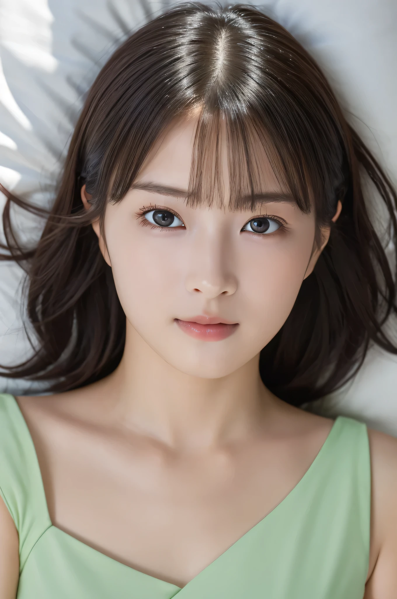  Beautiful Girl Lying in Bed , (Baby Face:1.2), ( top quality:1.4), ( very detailed), ( very detailed美しい顔),  looks away, light green camisole,  amazing face and eyes, iris,  bob hair,  Japanese Beauty , (Skinny body type:1.1), ( flat chested:1.3), Sleepy face,smooth,   very detailed CG integration 8k Wallpaper,  high resolution RAW color photo ,  Professional Photo, light, Backlight, Dreamy, Impressive,  written boundary depth, bedroom, ( Face Closeup :1.5), (Shooting from above:1.2)