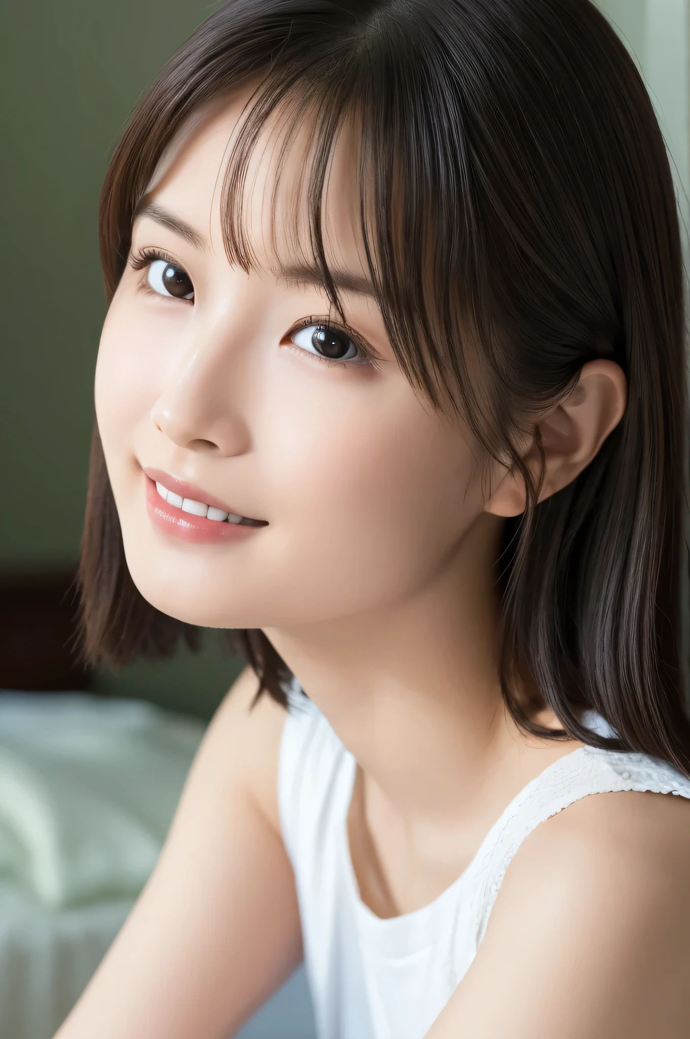 beautiful girl sitting on bed , (:1.2), ( top quality:1.4), ( very detailed), ( very detailed美しい顔),  looks away,  Plaid Pajamas, smile,  amazing face and eyes, iris,  bob hair,  Japanese Beauty , ( slender body:1.3), (Sleepy face:1.3), smooth,   very detailed CG integration 8k Wallpaper,  high resolution RAW color photo ,  Professional Photo, light, Backlight, Dreamy, Impressive,  written boundary depth, bedroom, ( Face Closeup :1.3), ( shot from the front:1.2)