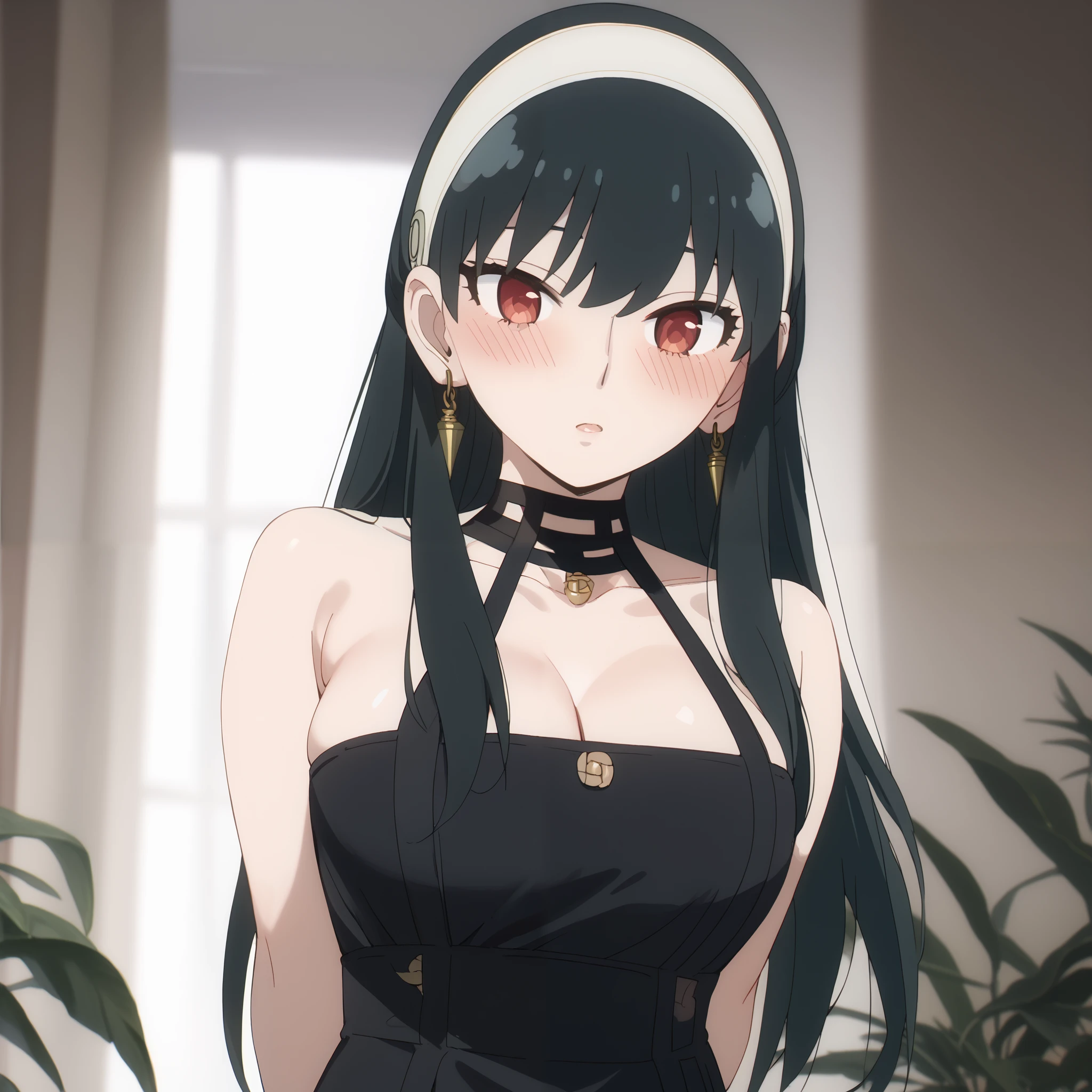 dress, cleavage, bare shoulders, jewelry, collarbone, sleeveless, black dress, halterneck, headband, white headband, (arms behind back:1.4), breast, (huge breast:1.0), (blush), 8k masterpiece, (1girl, solo), yor briar, black hair, red eyes, earrings, white hairband, hairband, long hair, sidelocks,