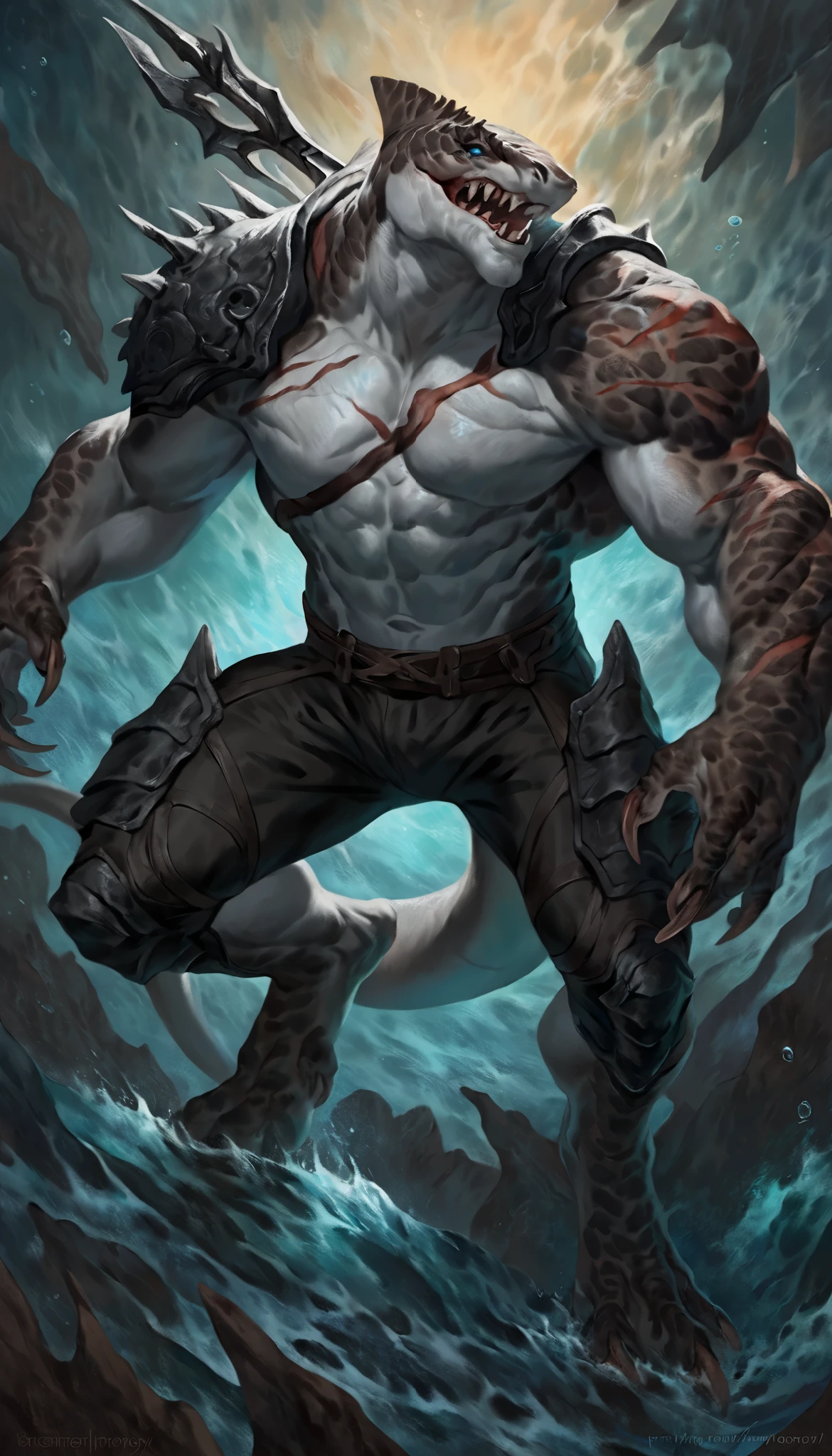 Muscular anthro shark, solo, monster, strong, scars on body, 1male solo, demonic armor, symbiote, muscular, small waist, thick tail, thick scales on the shoulders, marked detailed jaws, open jaws big pecs, pants, full body, comicbook style, best quality, 4k, ultra-detailed, by laobai, by taran fiddler, by honovy, by null-ghost, by thebigslick, underwater scenery, night, darkness