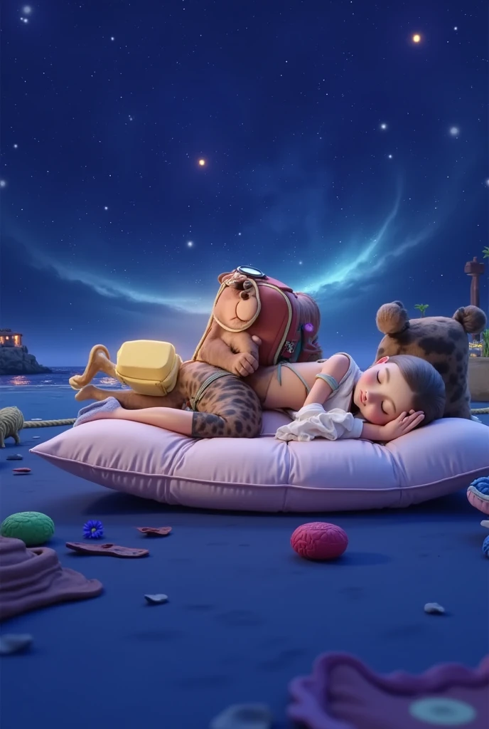 A captivating 3D scene inspired by Disney Pixar movies, posters and characters, presented in high resolution and best quality. peacefully sleeping on a large pillow on the beach, wearing a grey jumpsuit
The background shows a magnificent starry night, with one star shining brighter than the others. The entire setting is filled with a magical atmosphere with relaxing and heart-warming details that emphasize the spirit of peace.