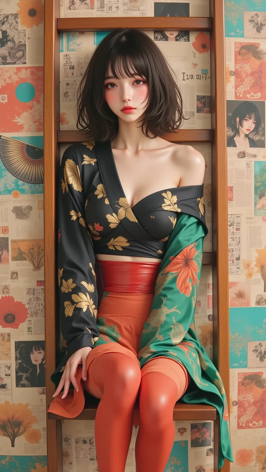  masterpiece, ultra detail,  ( ), (( dynamic angle :1.8))(( Muscular and thick legs :1.8)).   A very detailed and elegant illustration of a young woman with short black hair and calm  ,  introspective expression .   She sits on a wooden ladder  ,  Verkleidet ein traditioneller japanischer Kimono mit komplizierten Flowersmustern in satten Farben ,  including black  , Gold,  and bright shades of red .   The layers of her outfit show a mix of textures and designs  ,   She combines traditional motifs with modern style  .   She wears brightly colored stockings — one leg in deep red and the other in green — and gives the whole thing a bold accent,  modern contrast .   The background is a vivid tapestry of traditional Japanese patterns  , including fans  , Flowers,  and abstract shapes  ,   and creates a harmonious yet dynamic visual effect  .   The overall composition radiates a balance of tradition and individuality  ,   with a focus on the interplay of colors and textures  .