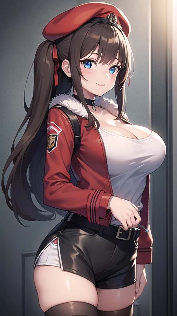 ((masterpiece)),(best quality),official art,extremely detailed CG,unity 8k wallpaper,ultra detailed,beautiful detailed eyes,extremely detailed face,1girl,solo,upper body,(portrait:1.2),looking at viewer,female commander (girls' frontline),termichan (not-a-bot),smile,red beret,very long hair,brown hair,side ponytail,one side up,red headwear,bangs,blue eyes,choker,fur trim,red jacket,open jacket,white shirt,red ribbon,shirt ribbon,large breasts,cleavage,short shorts,black shorts,shorts rolled up,black thighhighs,belt,loafers,