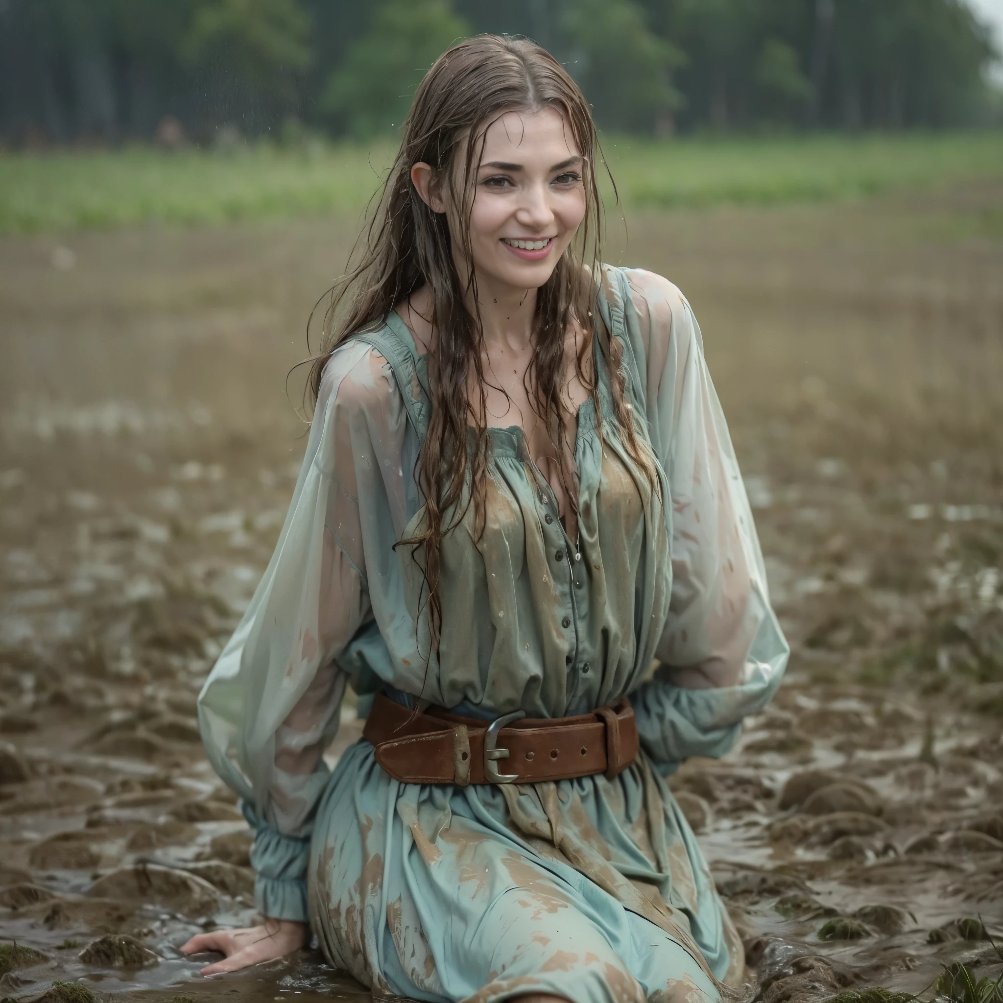 (masterpiece, best quality:1.2), cowboy shot, solo, 1girl, 27 yo peasant woman, smile, looking at viewer, peasant dress, capelet, belt, wet clothes, soaked, dripping wet, wet hair, wet skin, translucent, glistening with oil, fully clothed, wet muddy field, tara.tainton