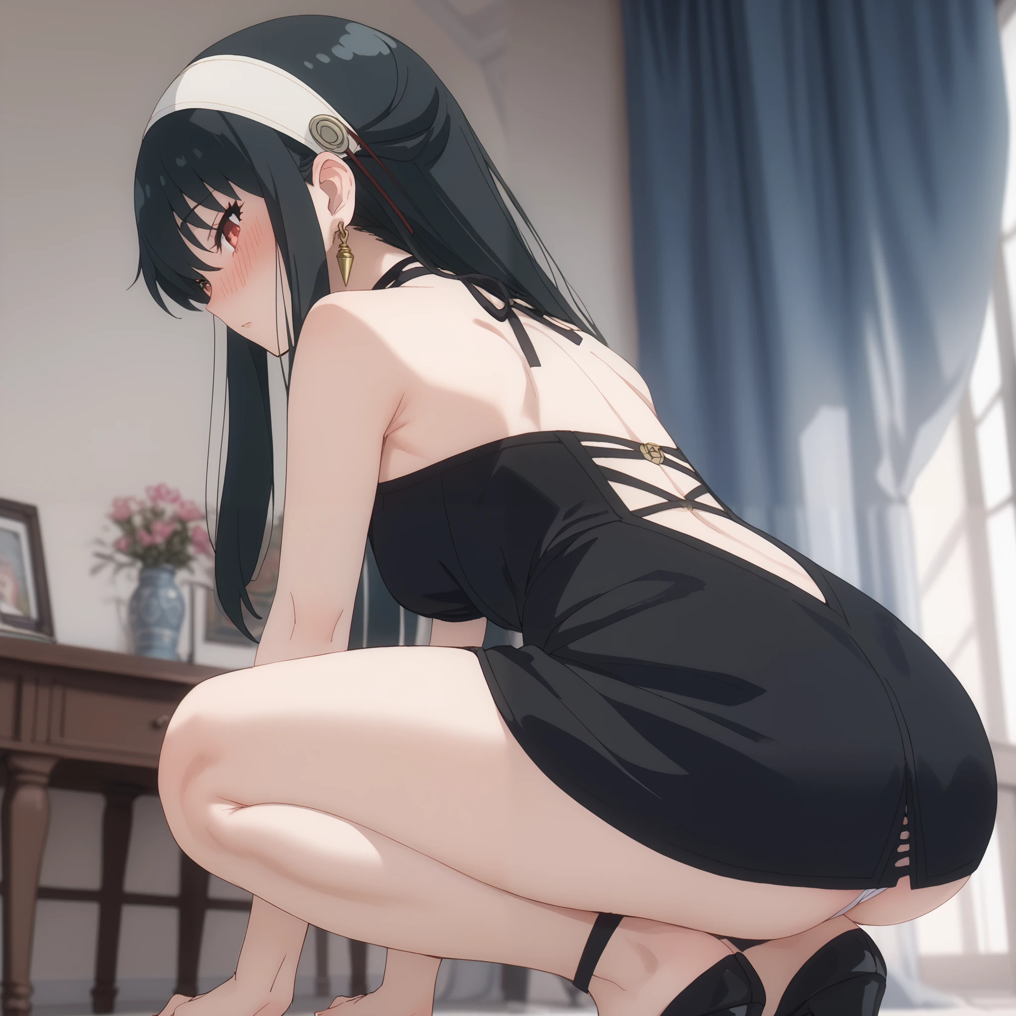 dress, bare shoulders, jewelry, collarbone, sleeveless, black dress, halterneck, headband, white headband, squatting, sexy panties, back to viewer, from below, ass, (huge ass:1.0), (blush), 8k masterpiece, (1girl, solo), yor briar, black hair, red eyes, earrings, white hairband, hairband, long hair, sidelocks,