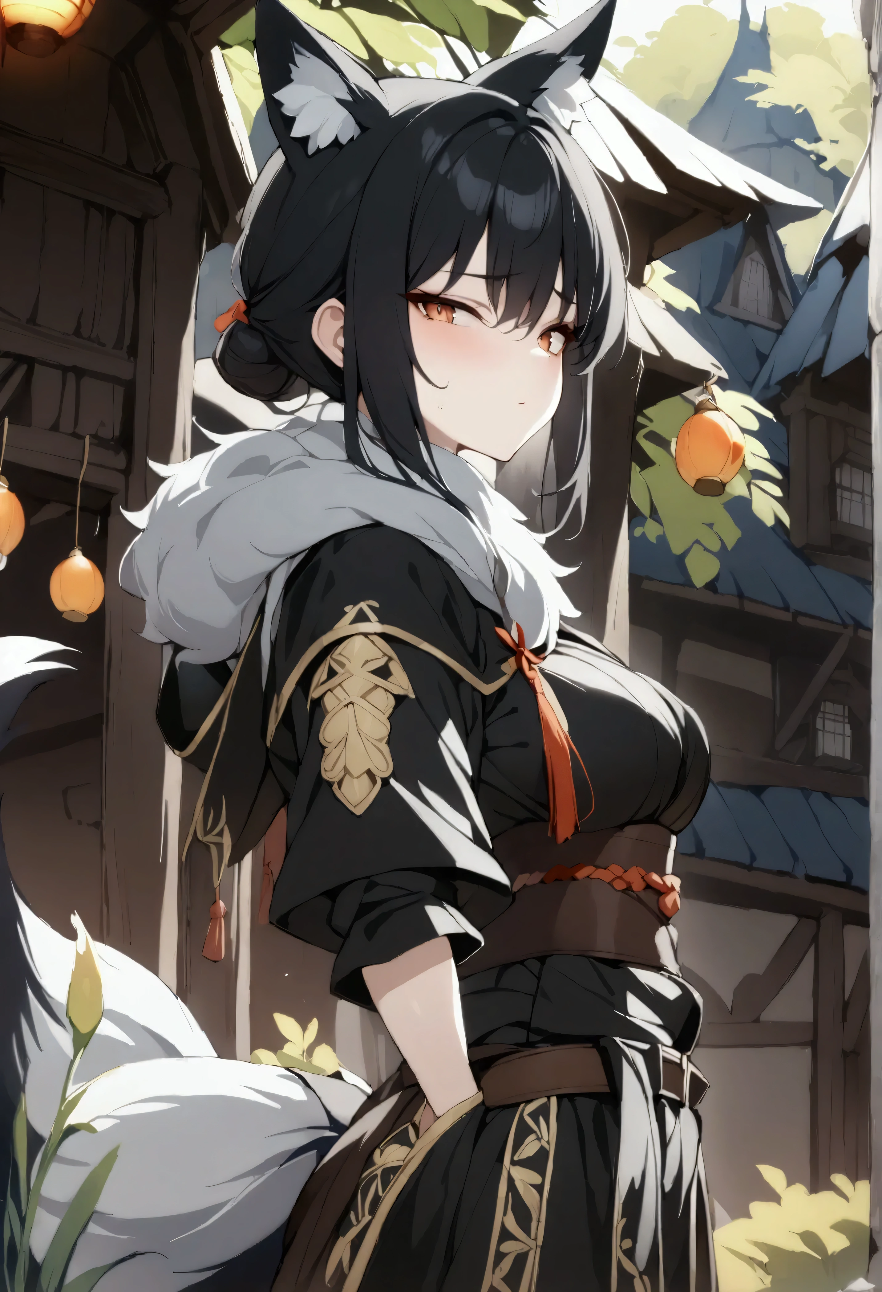 (1girl, Masterpiece, best quality, beautiful) A fox-woman, short black hair, (black fox ears with white fur), neutral face expression, medieval-style ((black very heavy bulky clothing robes multi-layered robes)) beautiful amber eyes, brown belt around her waist, black pants, standing pose, (black fox tail)
