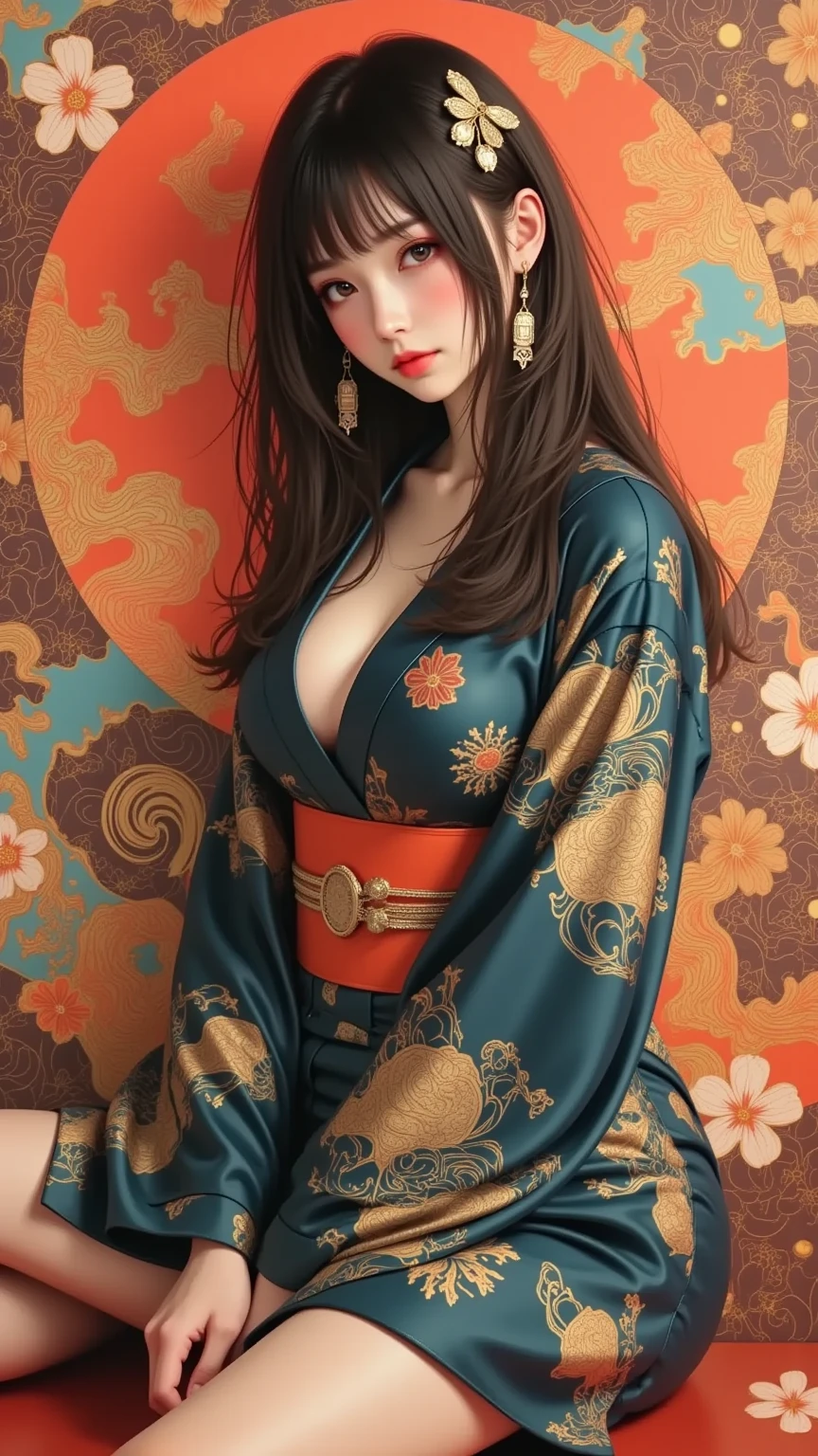  masterpiece, ultra detail,   nostalgic girl , ( ), (( dynamic angle :1.8))(( Muscular and thick legs :1.8)).  A traditional yet artistic portrait of a young woman in a glowing,  detailed kimono ,  decorated with intricate floral patterns and koi fish designs .  The scenery includes Japanese Strong red aesthetic , blaugrün, and gold tones .  The woman has a calm expression with subtle makeup ,  with a subtle blush and defined eyeliner .  Her black hair is elegant with bobby pins and Ornaments styled ,  that complement the kimono motifs .  Surrounding her are vivid illustrations of koi fish ,  that float between abstract forms and traditional Japanese patterns , combining modern and traditional artistic elements .  The composition is rich and dynamic ,  and cultural elegance and artistic fusion are emphasized .