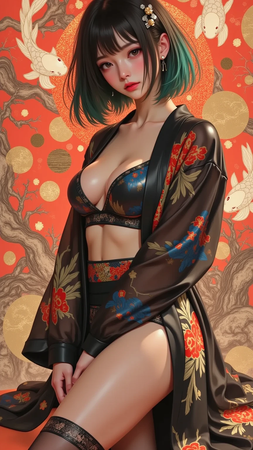  masterpiece, ultra detail,   nostalgic girl , ( ), (( dynamic angle :1.8))(( Muscular and thick legs :1.8)).  A traditional yet artistic portrait of a young woman in a glowing,  detailed kimono ,  decorated with intricate floral patterns and koi fish designs .  The scenery includes Japanese Strong red aesthetic , blaugrün, and gold tones .  The woman has a calm expression with subtle makeup ,  with a subtle blush and defined eyeliner .  Her black hair is elegant with bobby pins and Ornaments styled ,  that complement the kimono motifs .  Surrounding her are vivid illustrations of koi fish ,  that float between abstract forms and traditional Japanese patterns , combining modern and traditional artistic elements .  The composition is rich and dynamic ,  and cultural elegance and artistic fusion are emphasized .